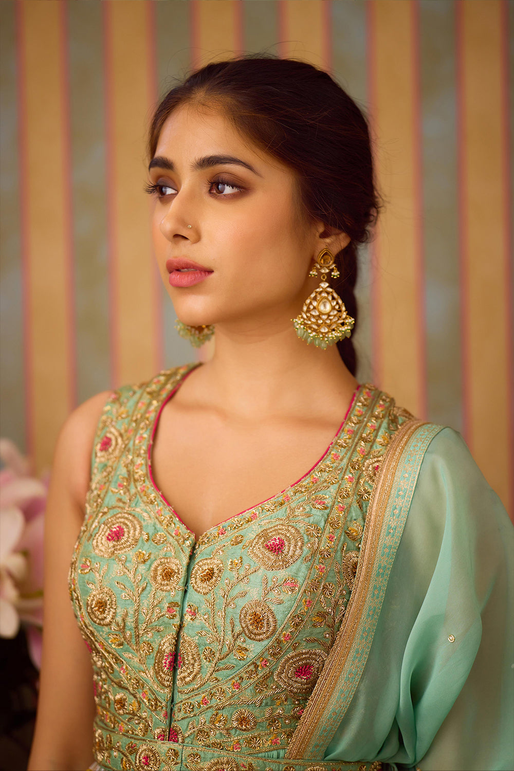 Grey Green Anarkali Set