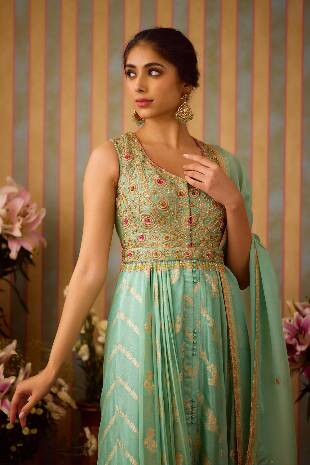 Grey Green Anarkali Set