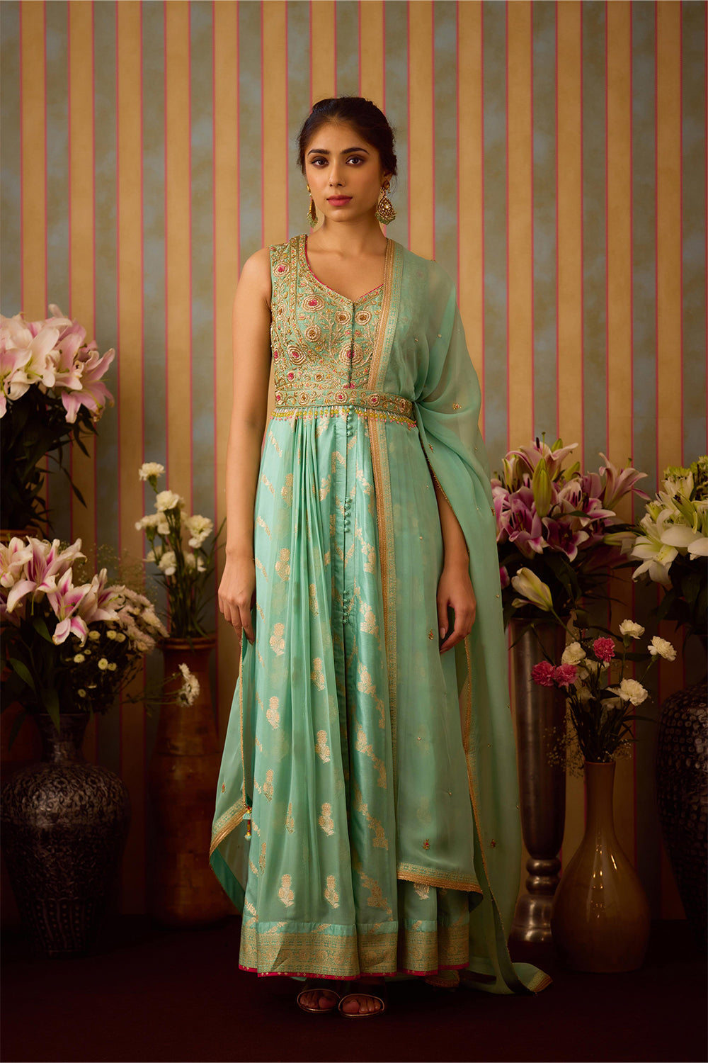 Grey Green Anarkali Set