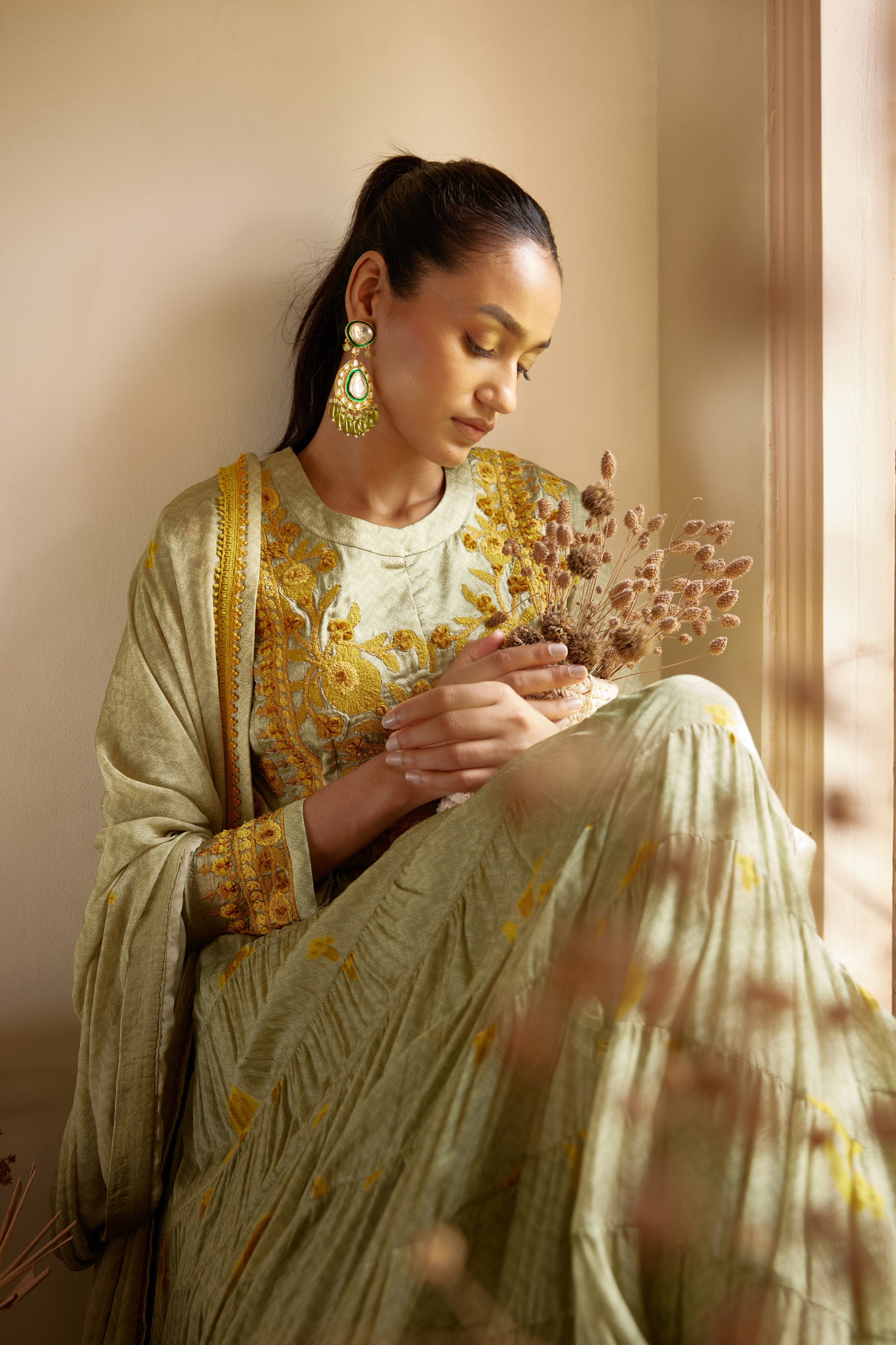 Neutral Green Anarkali Set