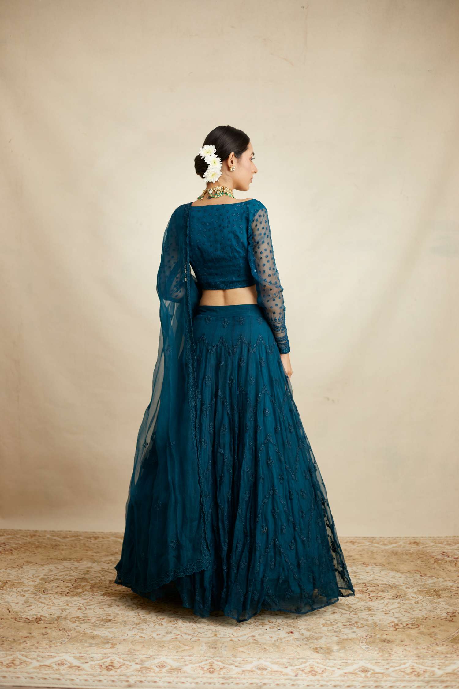 Teal Blue Thread Work Lehenga Set