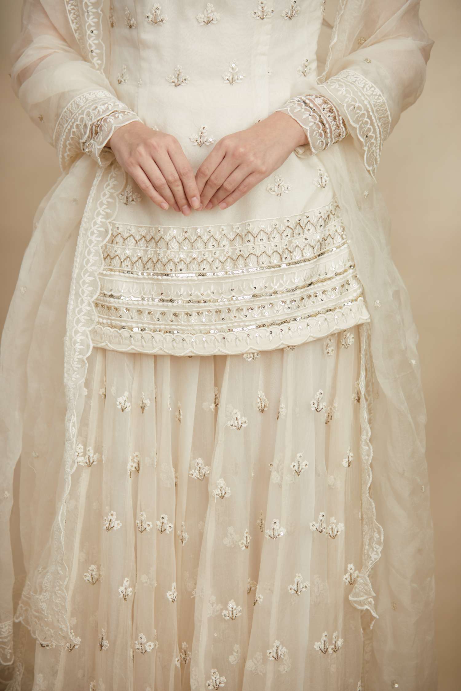 White Thread Work Kurti Sharara Set