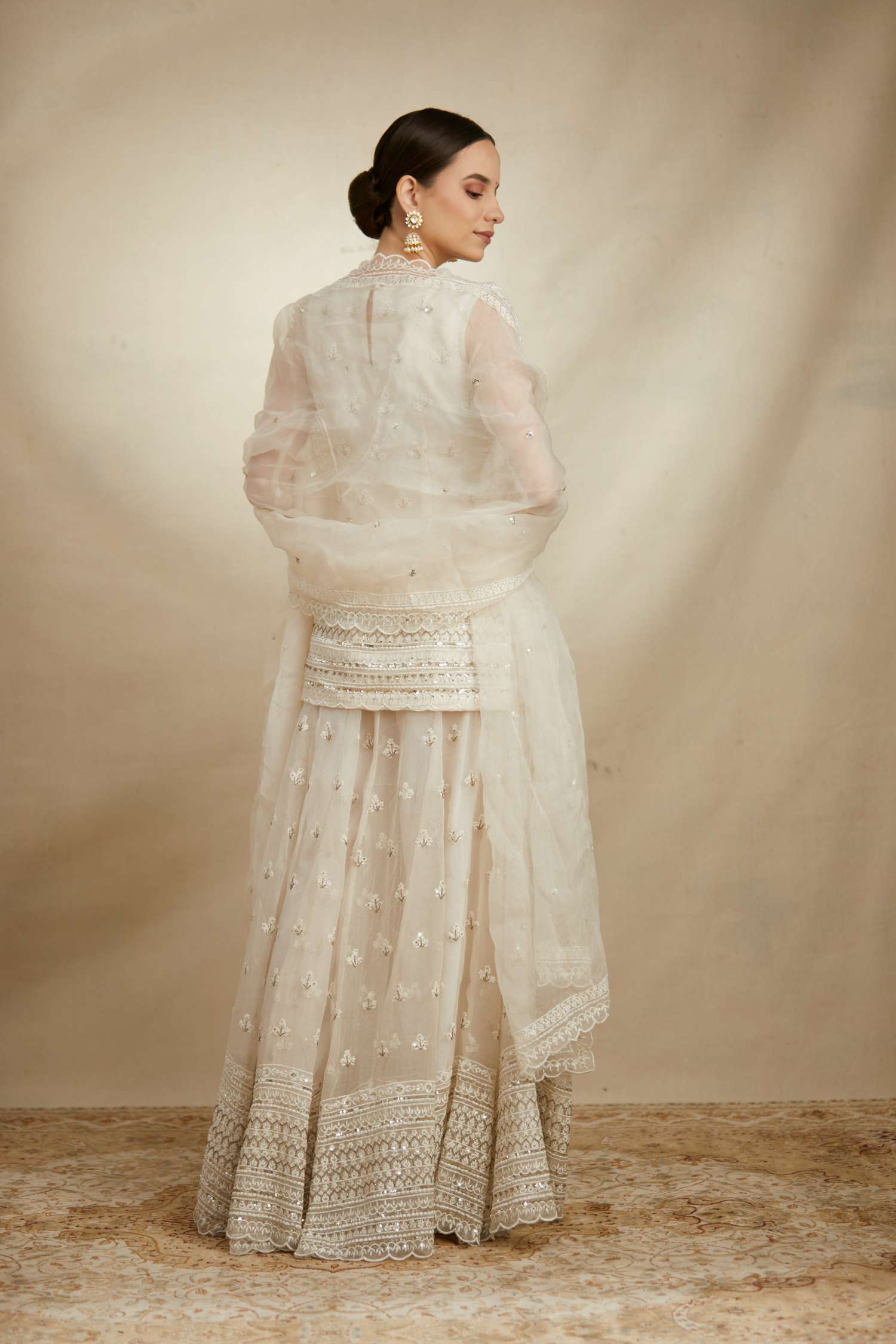White Thread Work Kurti Sharara Set