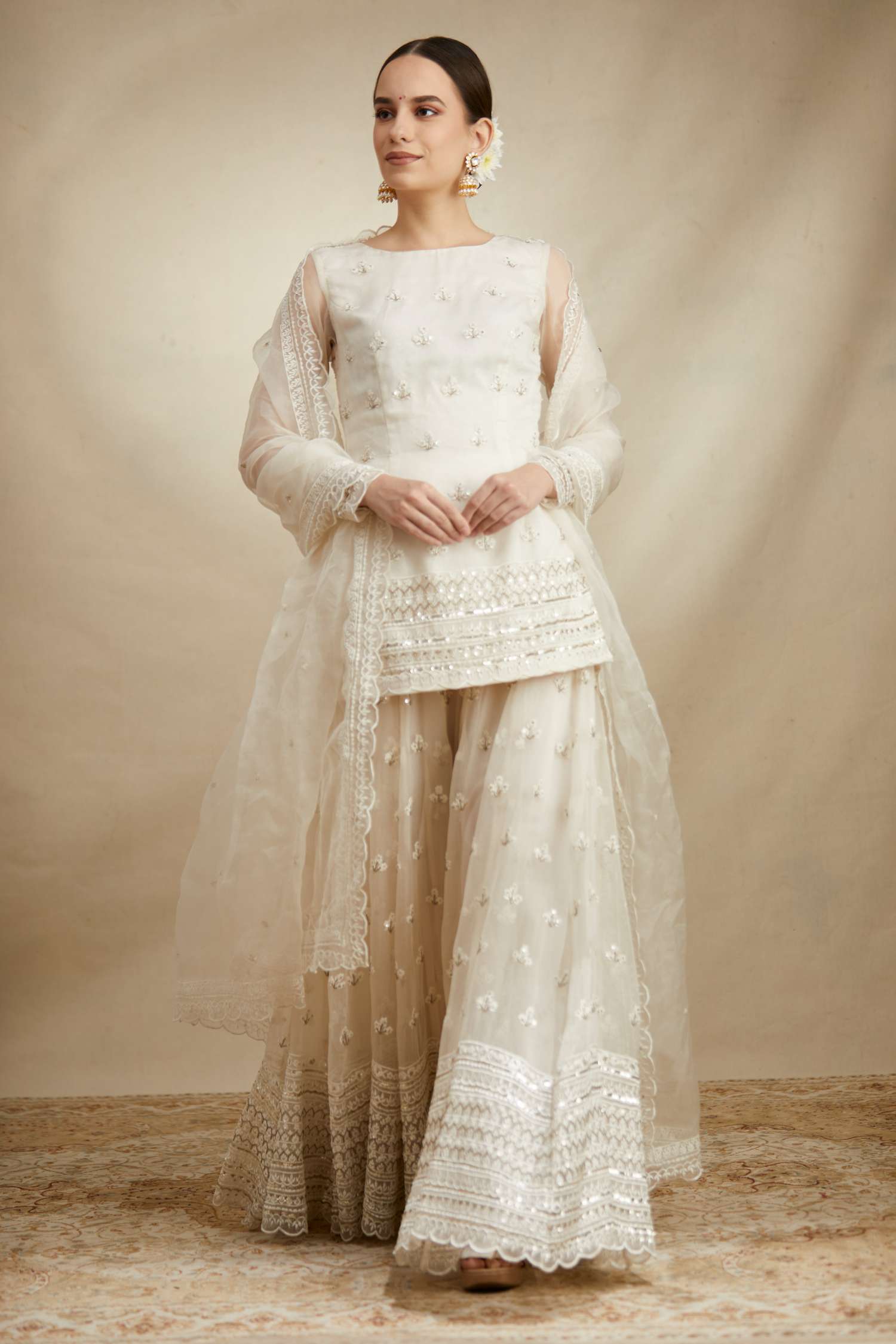 White Thread Work Kurti Sharara Set