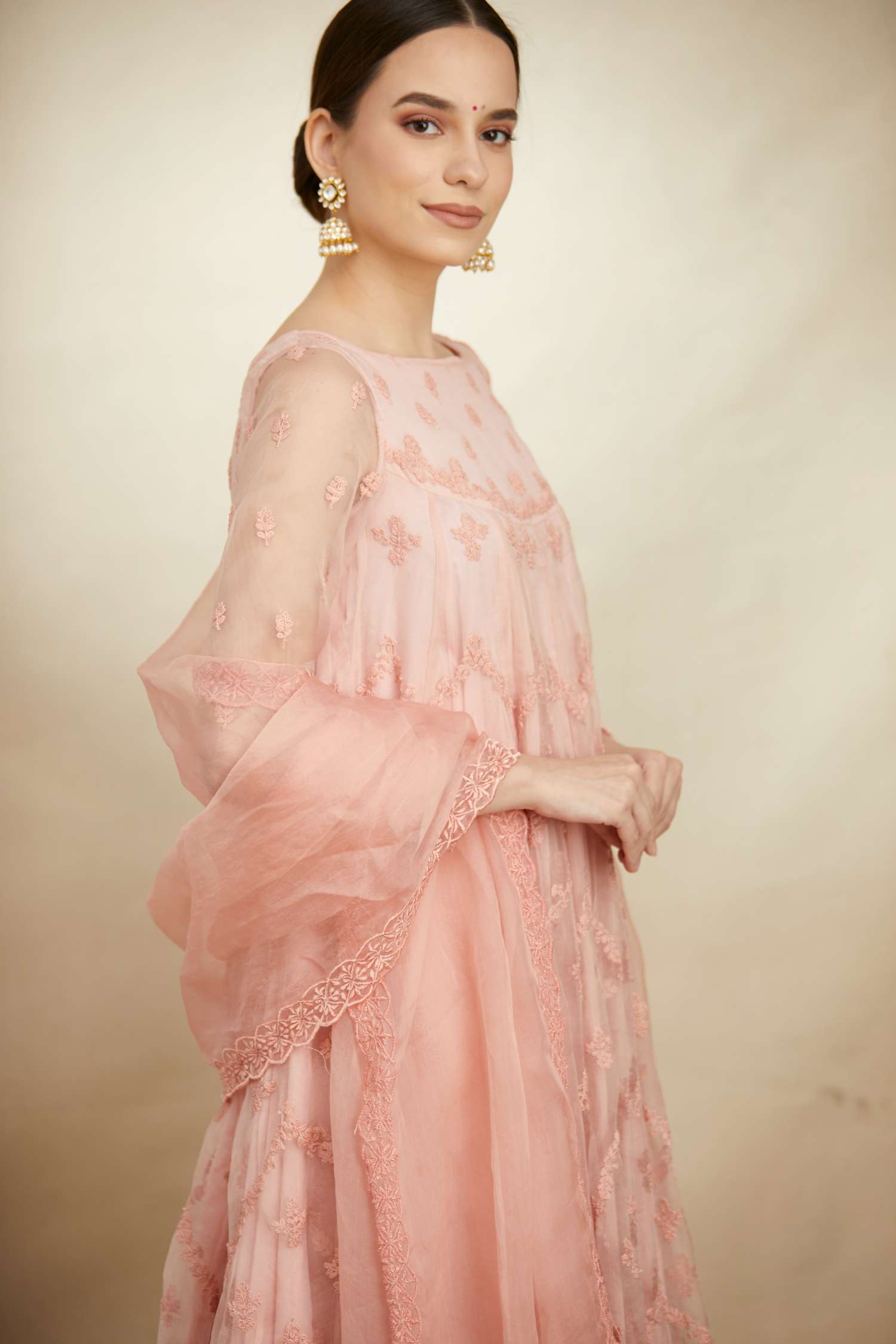 Pink Thread Work Anarkali Sharara Set