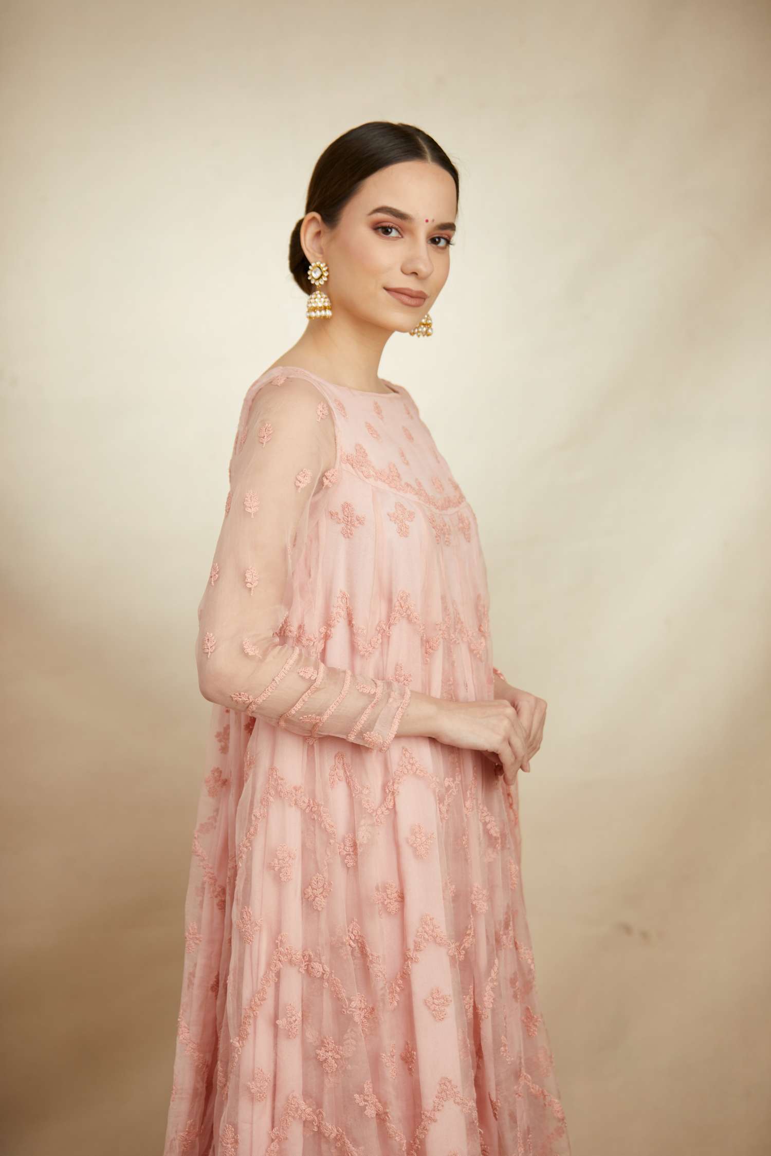 Pink Thread Work Anarkali Sharara Set