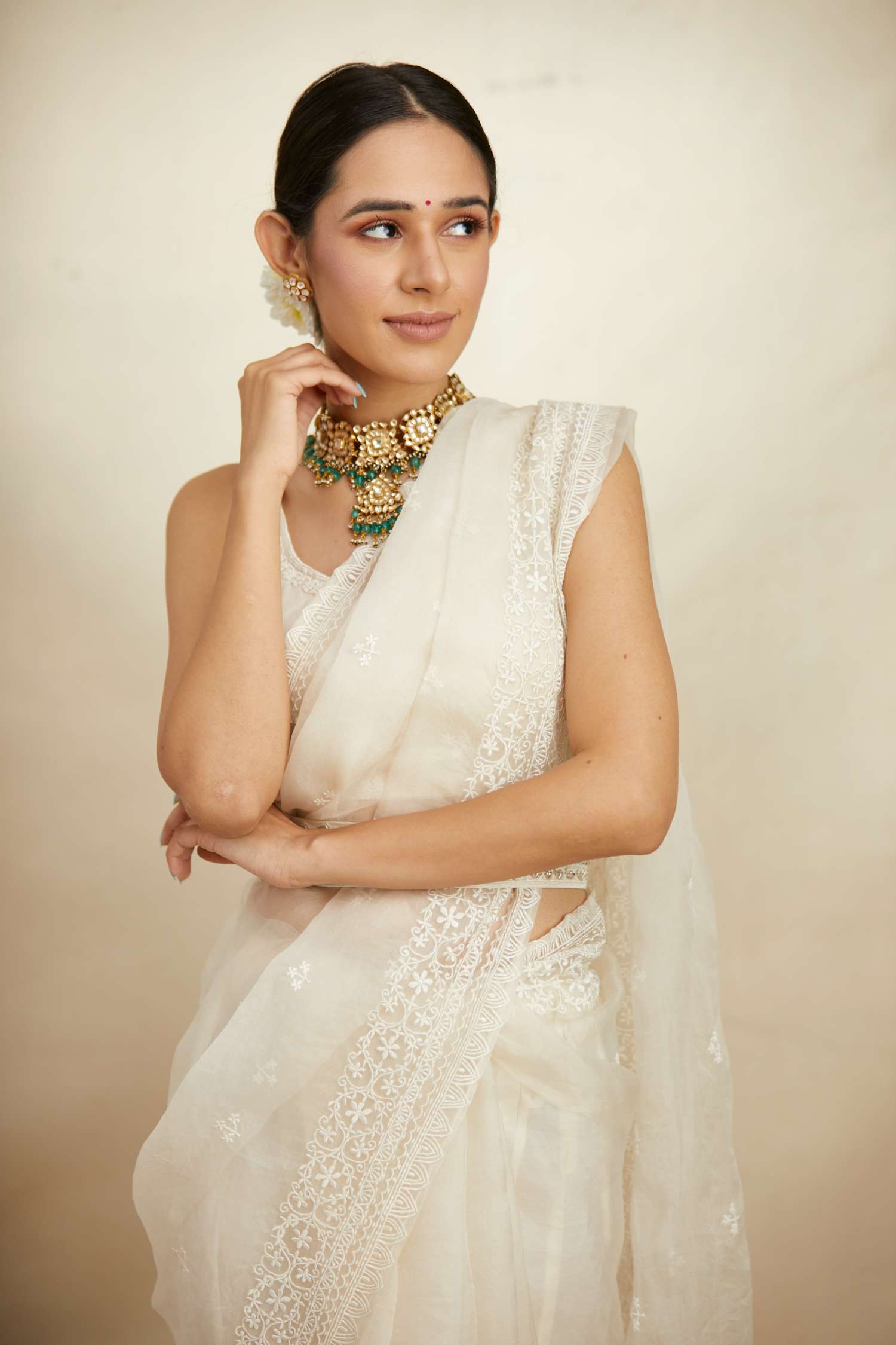 White Thread Work Saree Set