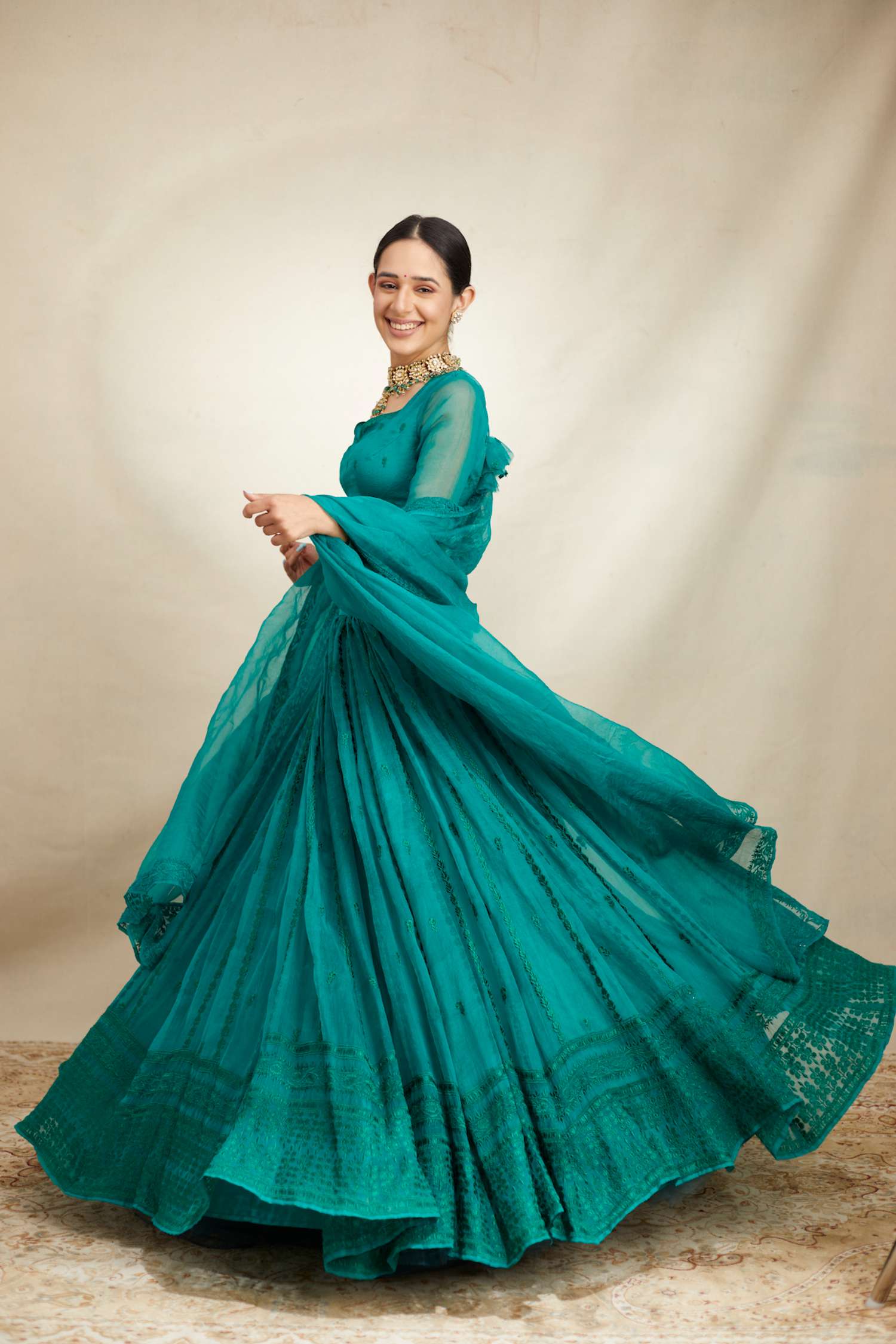 Teal Green Line Threadwork Lehenga Set