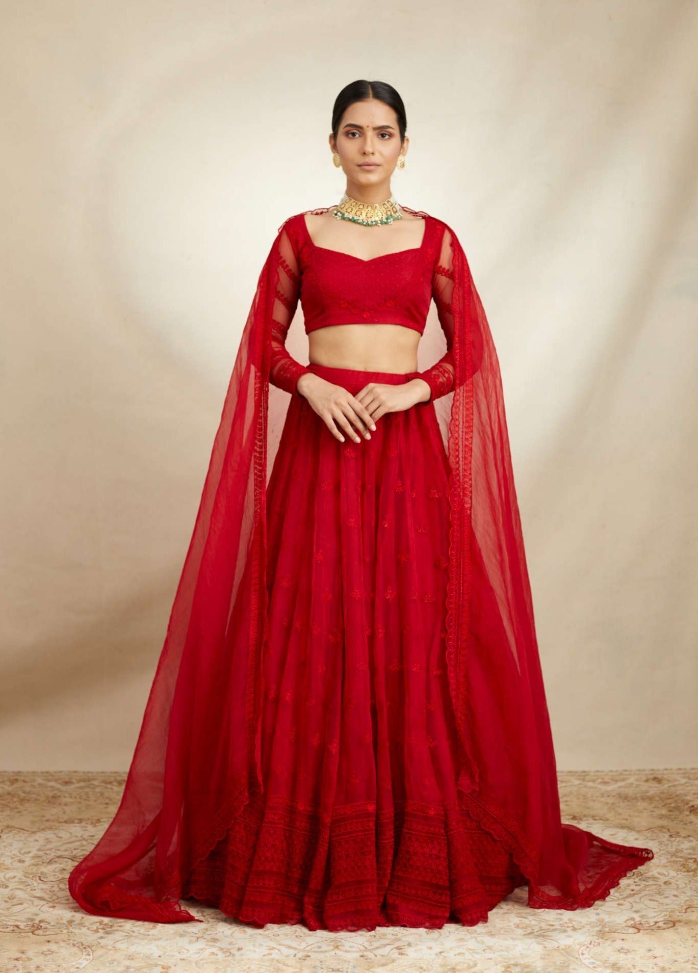 Red Organza Threadwork Lehenga Set