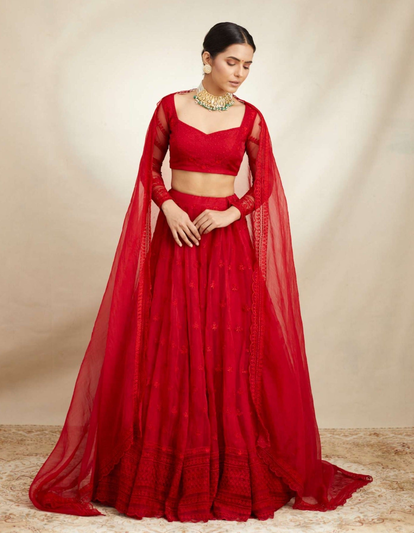 Red Organza Threadwork Lehenga Set