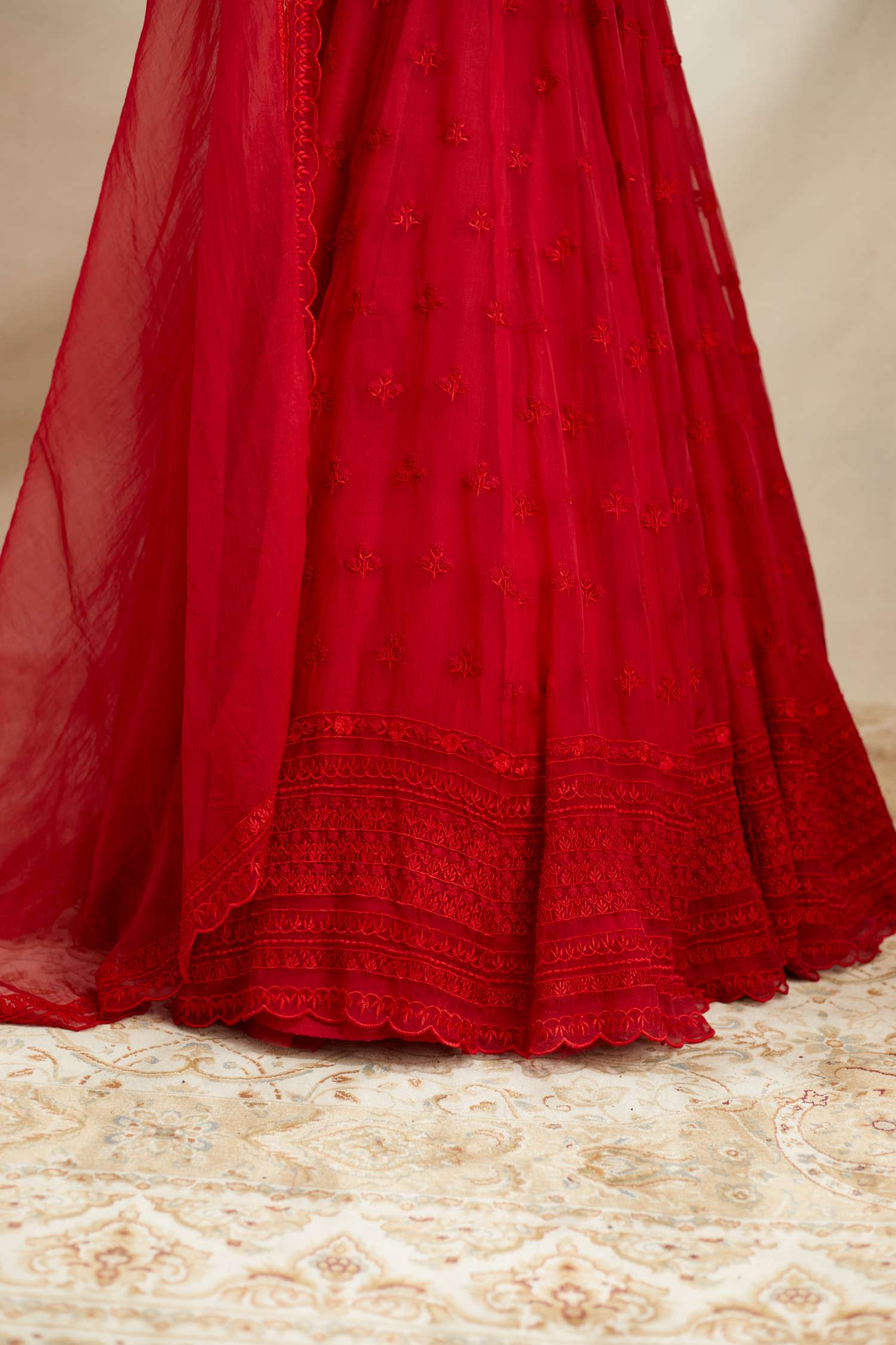 Red Organza Threadwork Lehenga Set