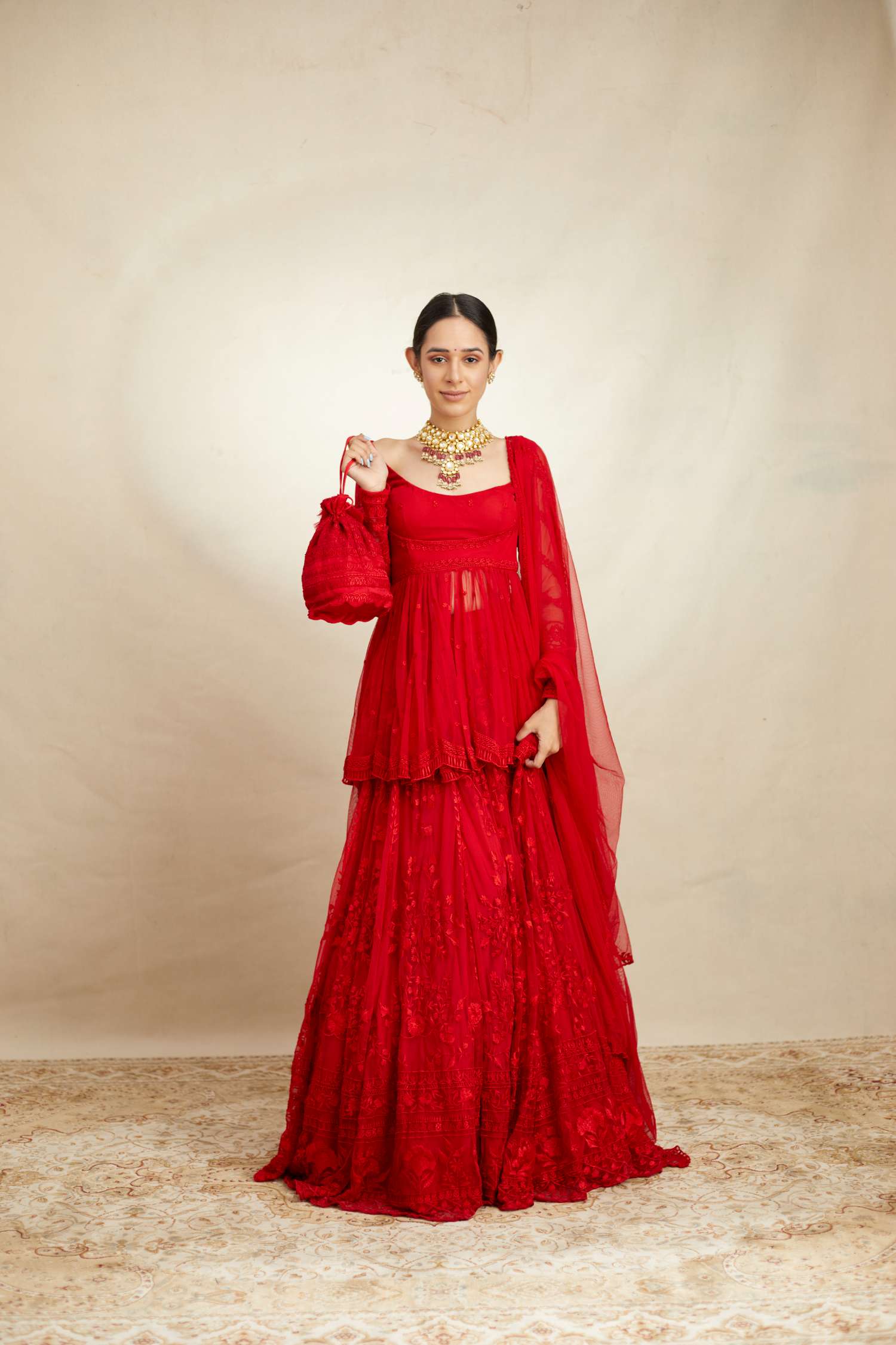 Red Peplum With Thread Work Sharara Set