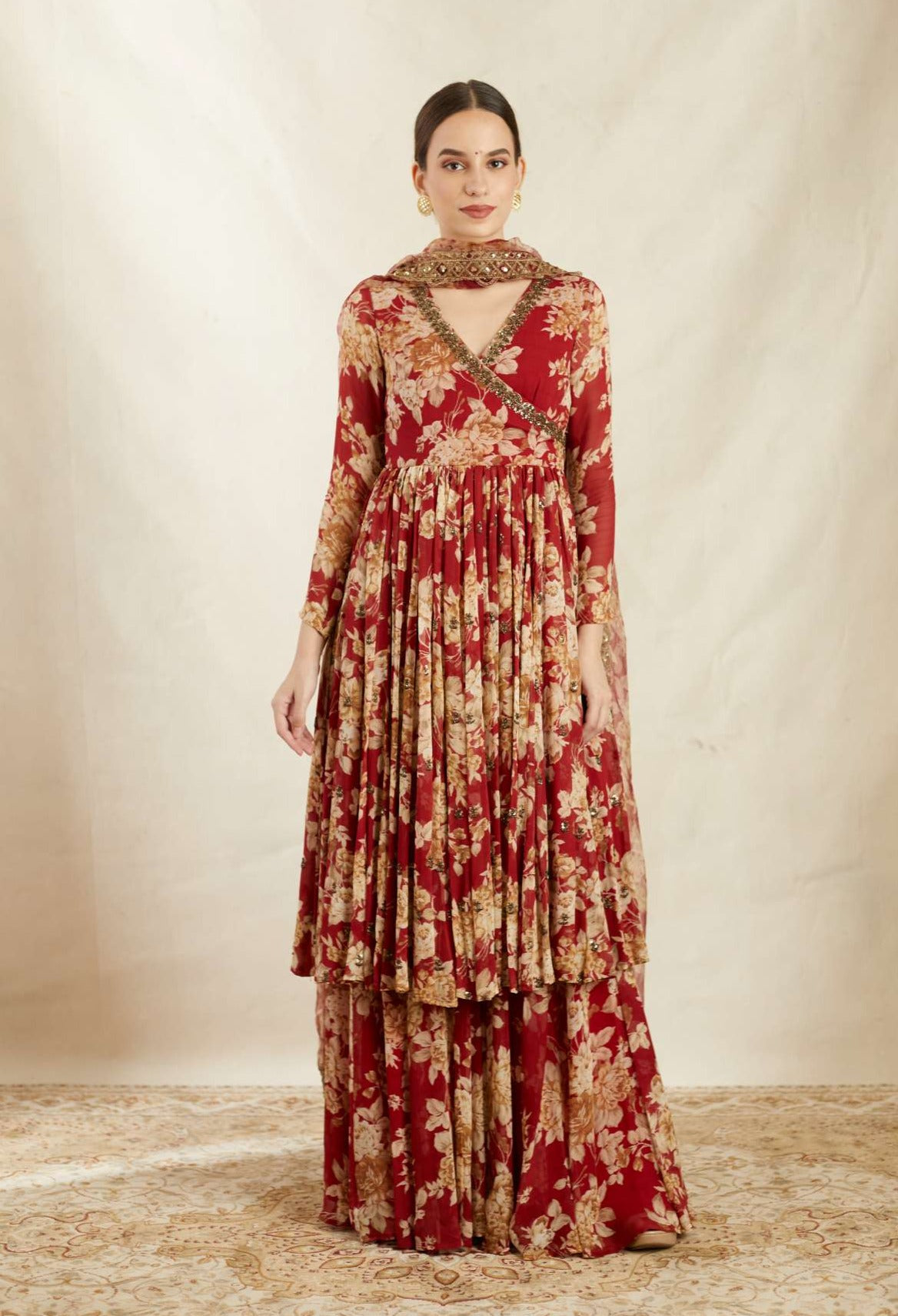 Red Georgette Floral Angrakha Set