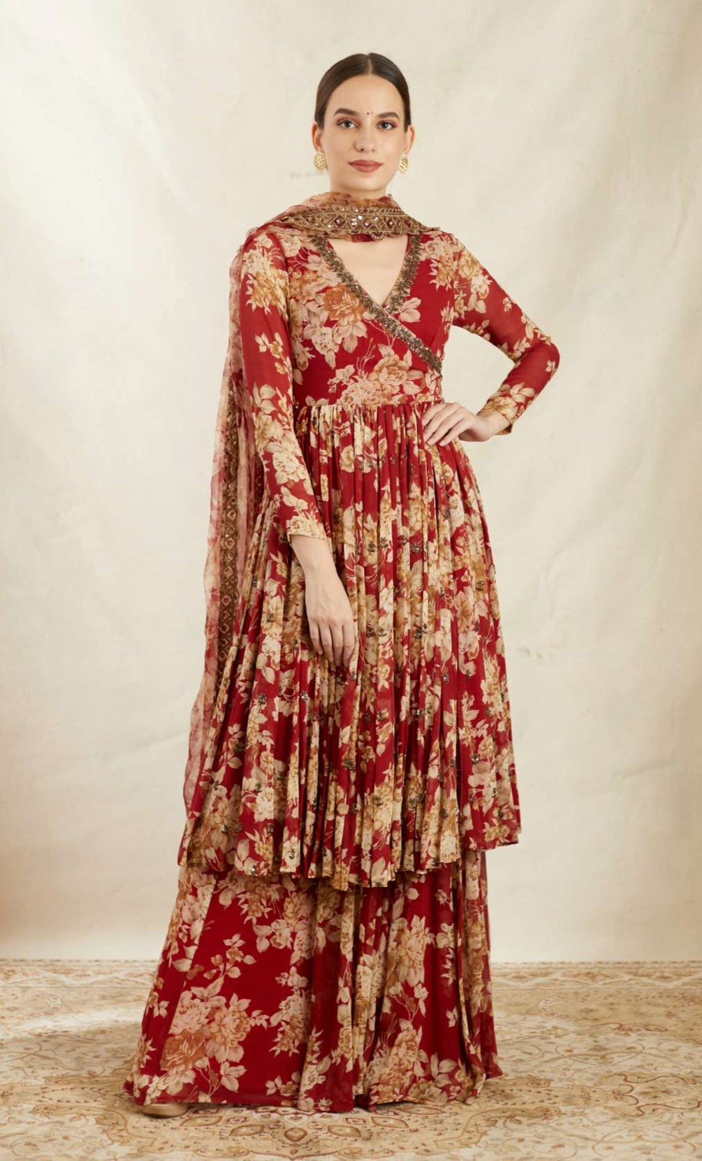 Red Georgette Floral Angrakha Set