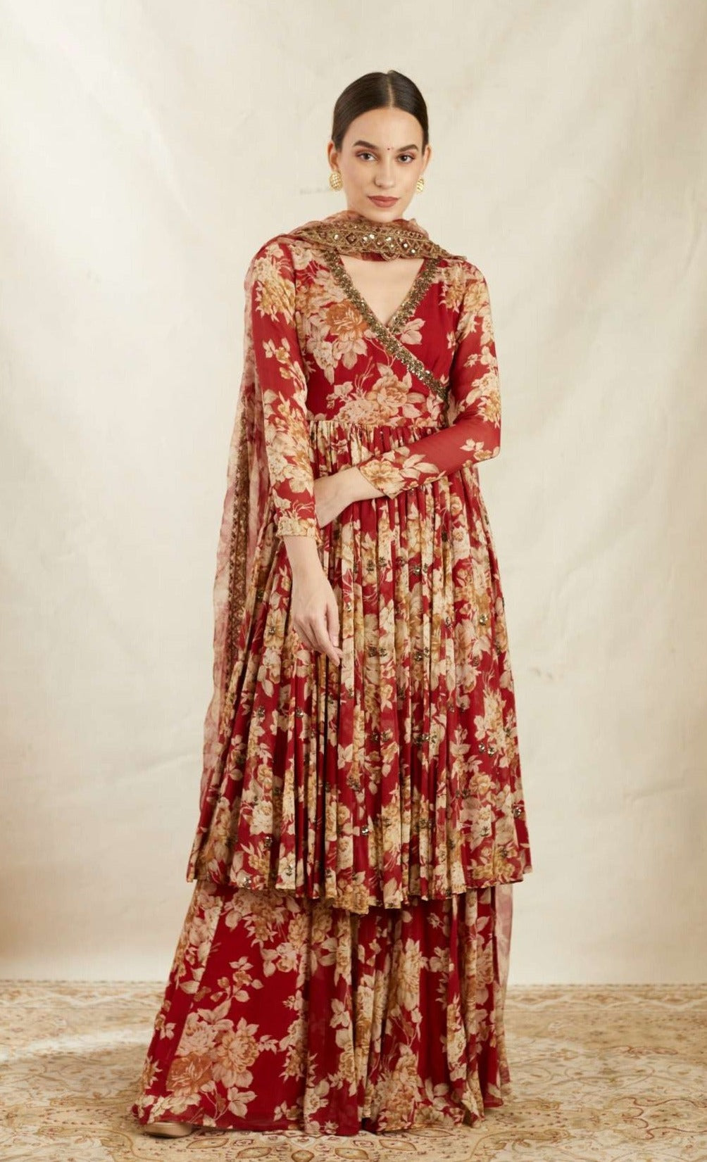 Red Georgette Floral Angrakha Set