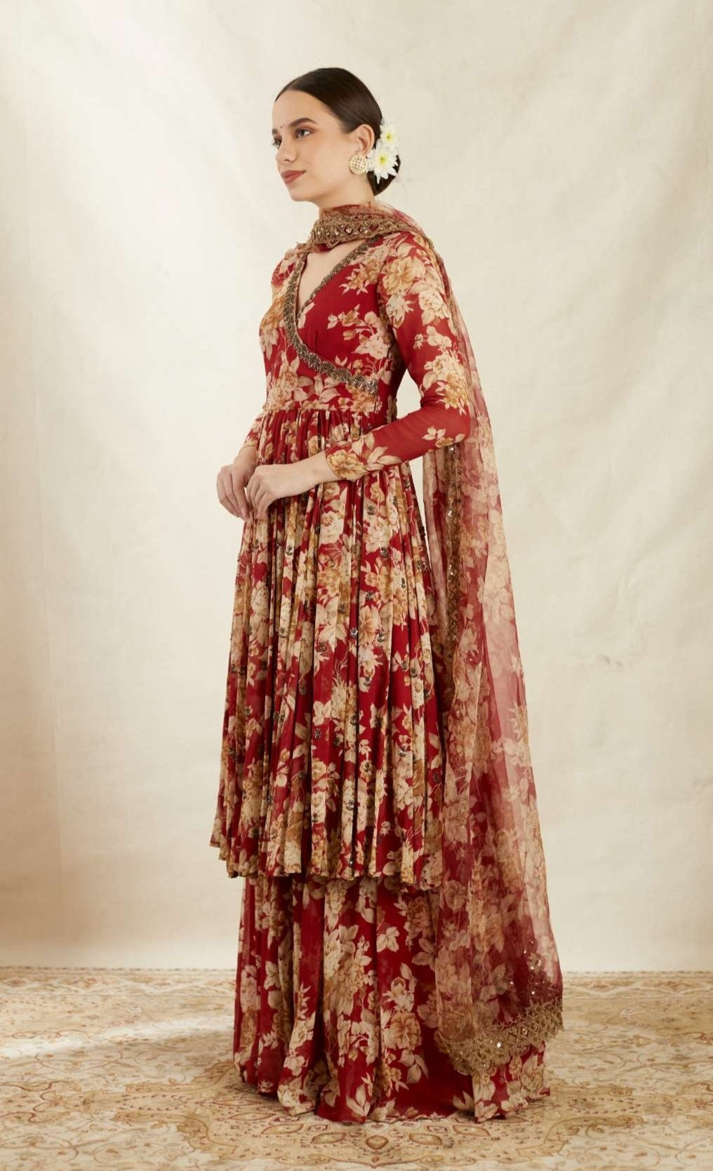 Red Georgette Floral Angrakha Set