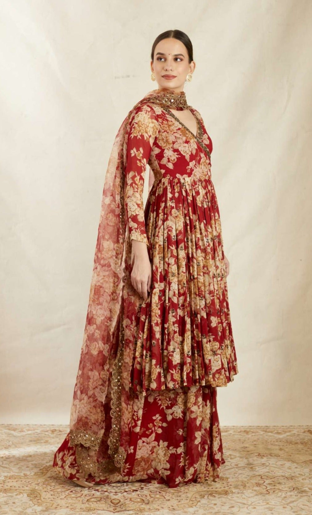 Red Georgette Floral Angrakha Set