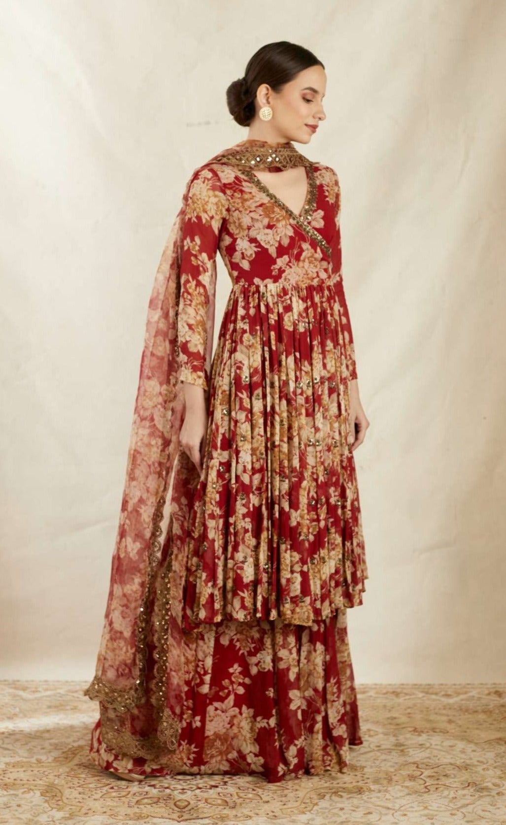 Red Georgette Floral Angrakha Set