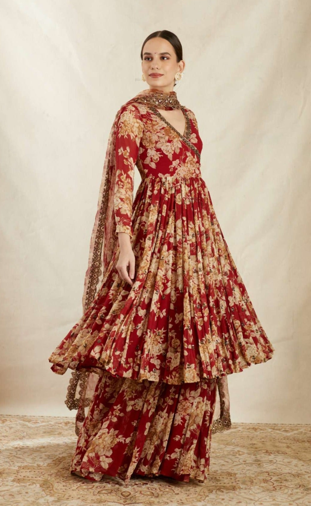 Red Georgette Floral Angrakha Set