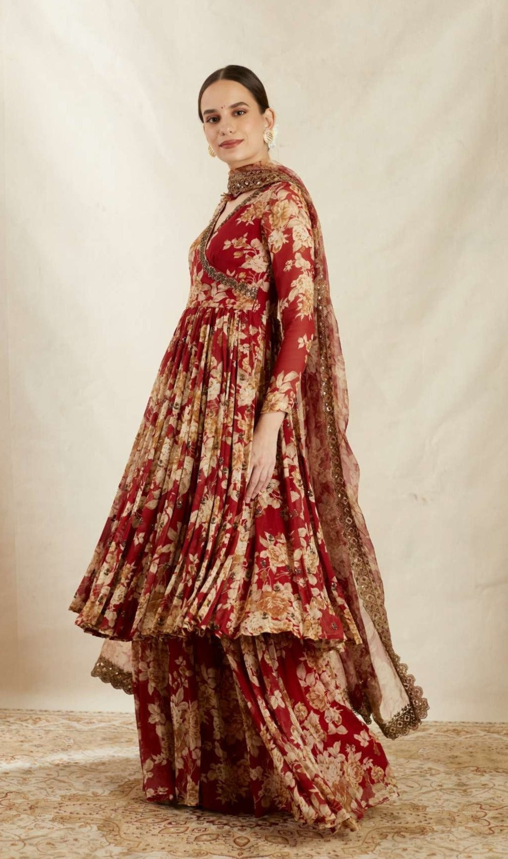 Red Georgette Floral Angrakha Set