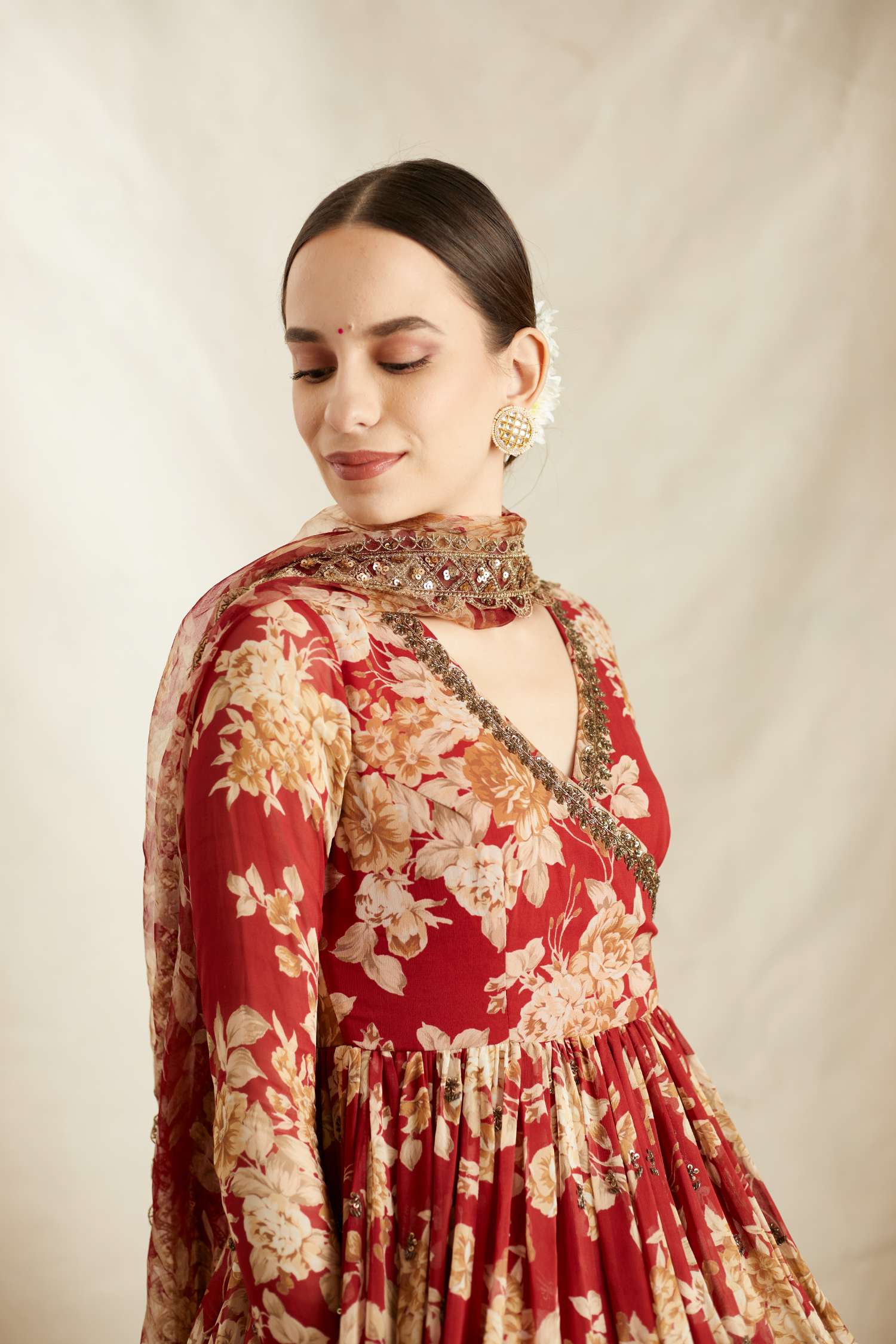 Red Georgette Floral Angrakha Set