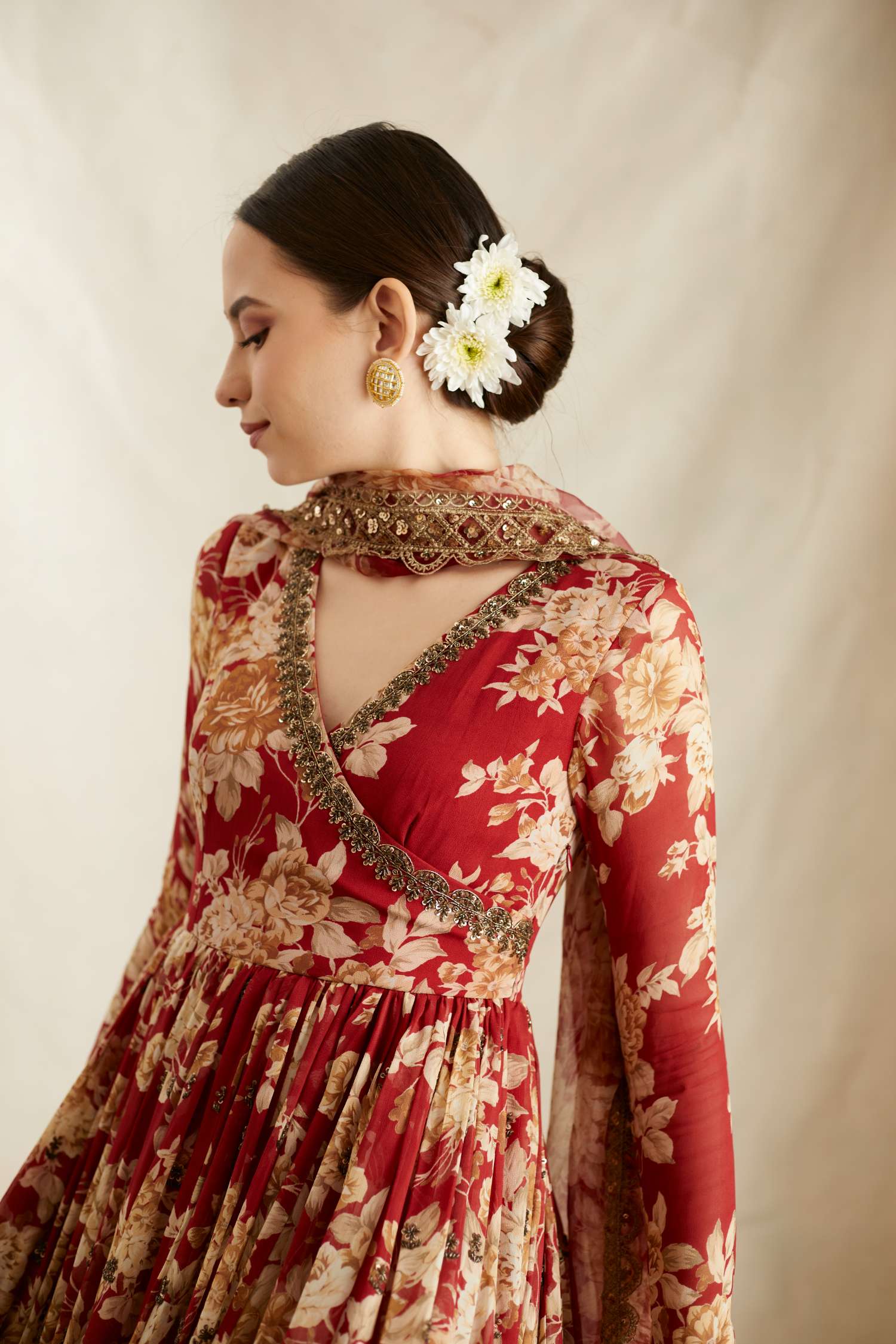 Red Georgette Floral Angrakha Set