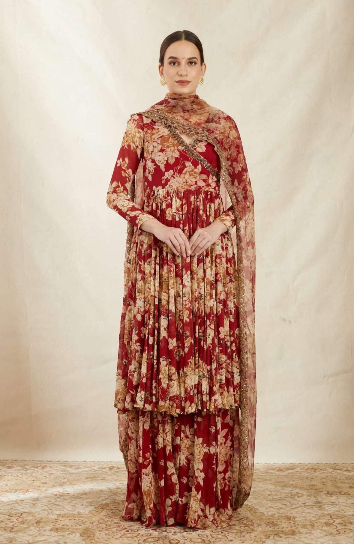 Red Georgette Floral Angrakha Set