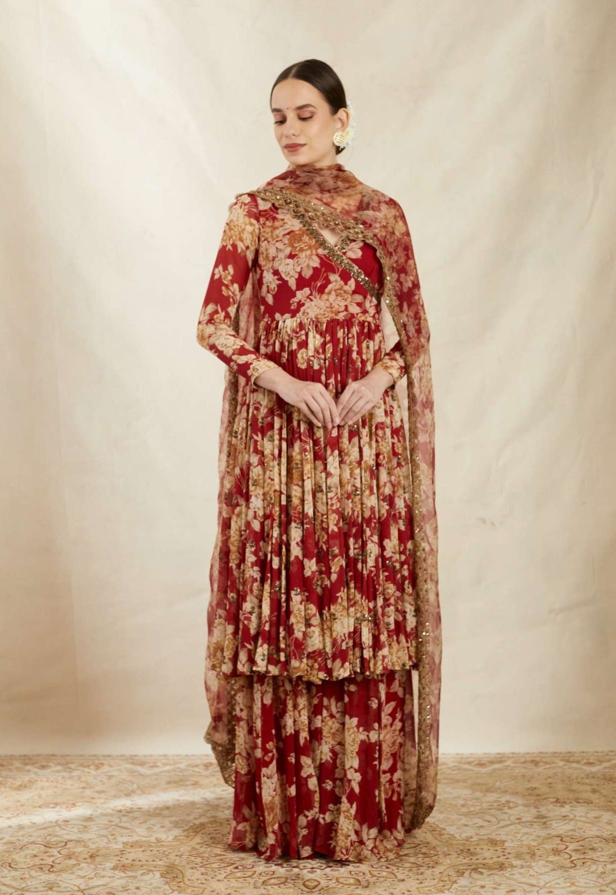 Red Georgette Floral Angrakha Set
