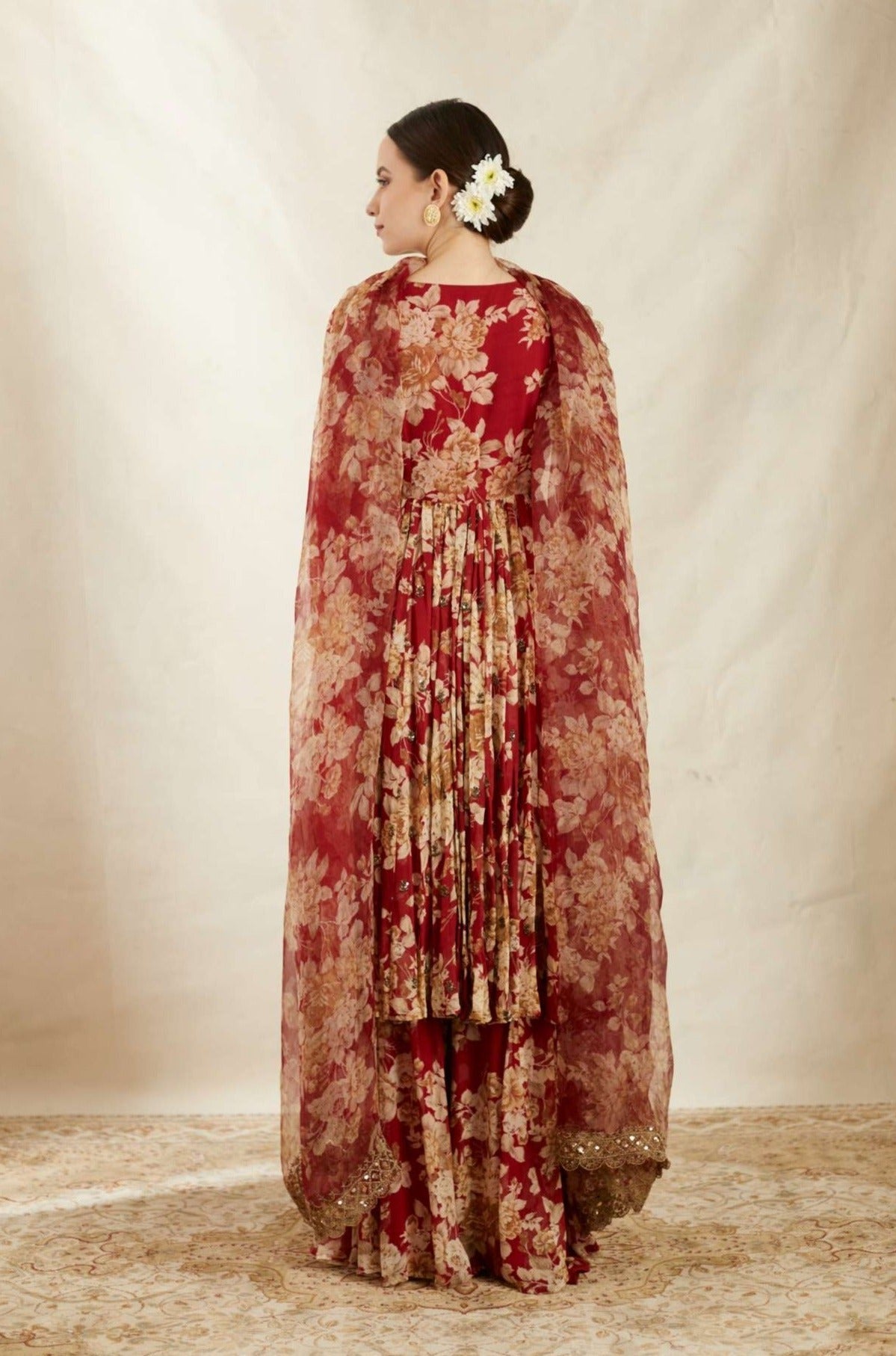 Red Georgette Floral Angrakha Set