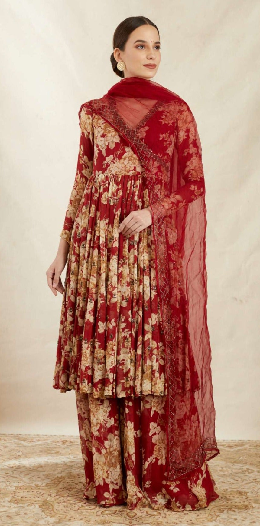 Red Georgette Floral Angrakha Set