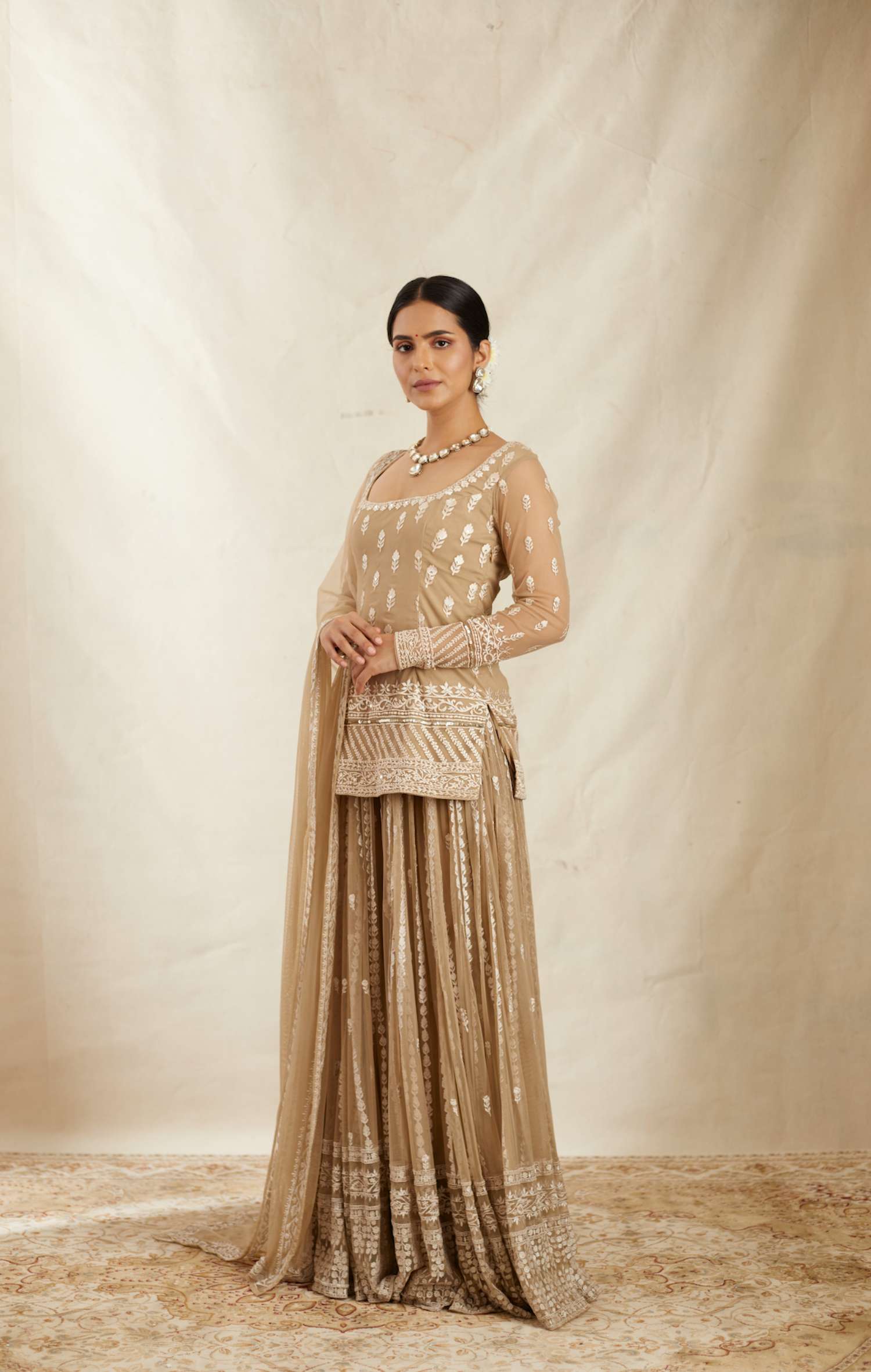 Beige Threadwork Kurti Sharara Set
