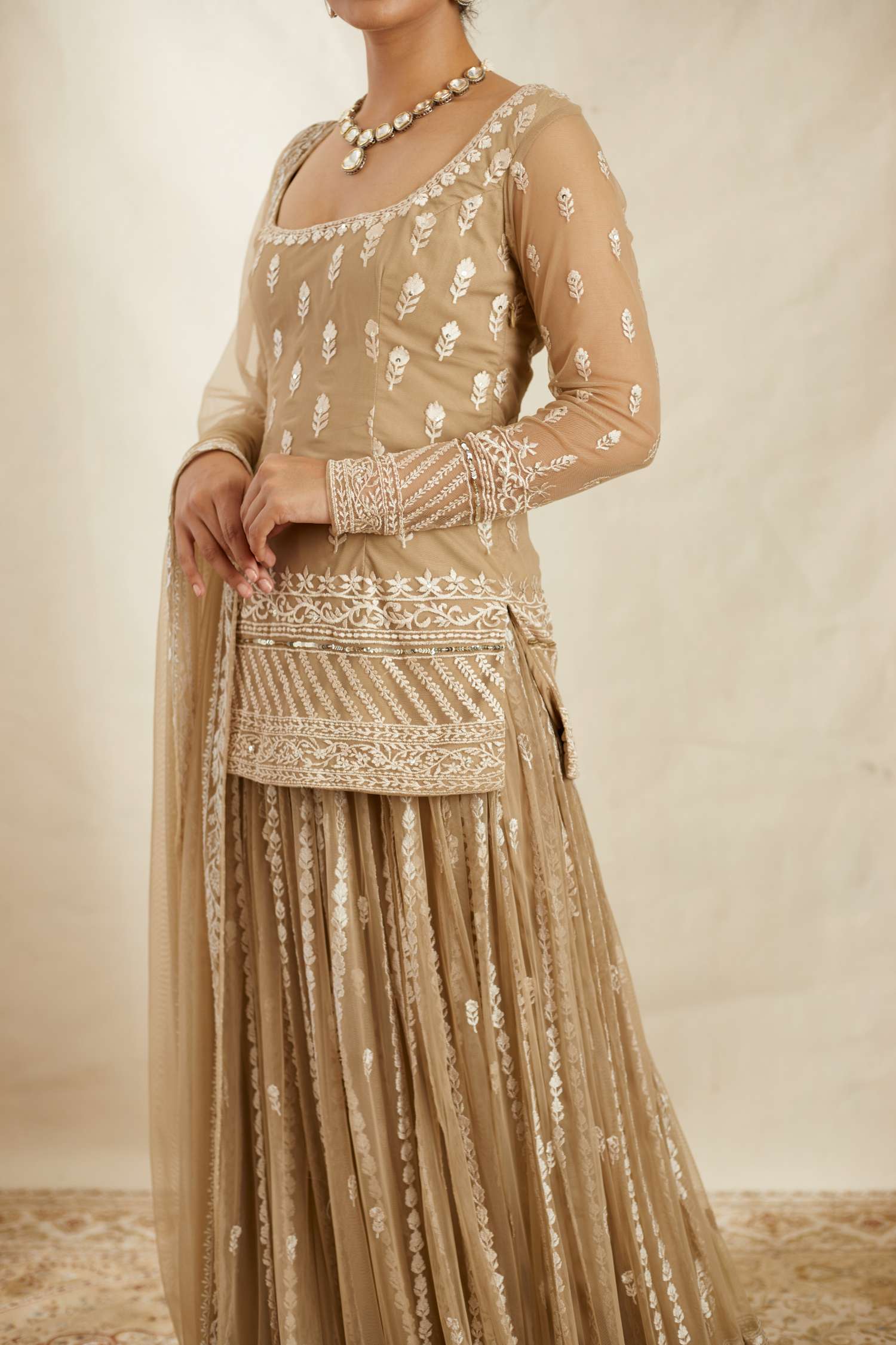 Beige Threadwork Kurti Sharara Set