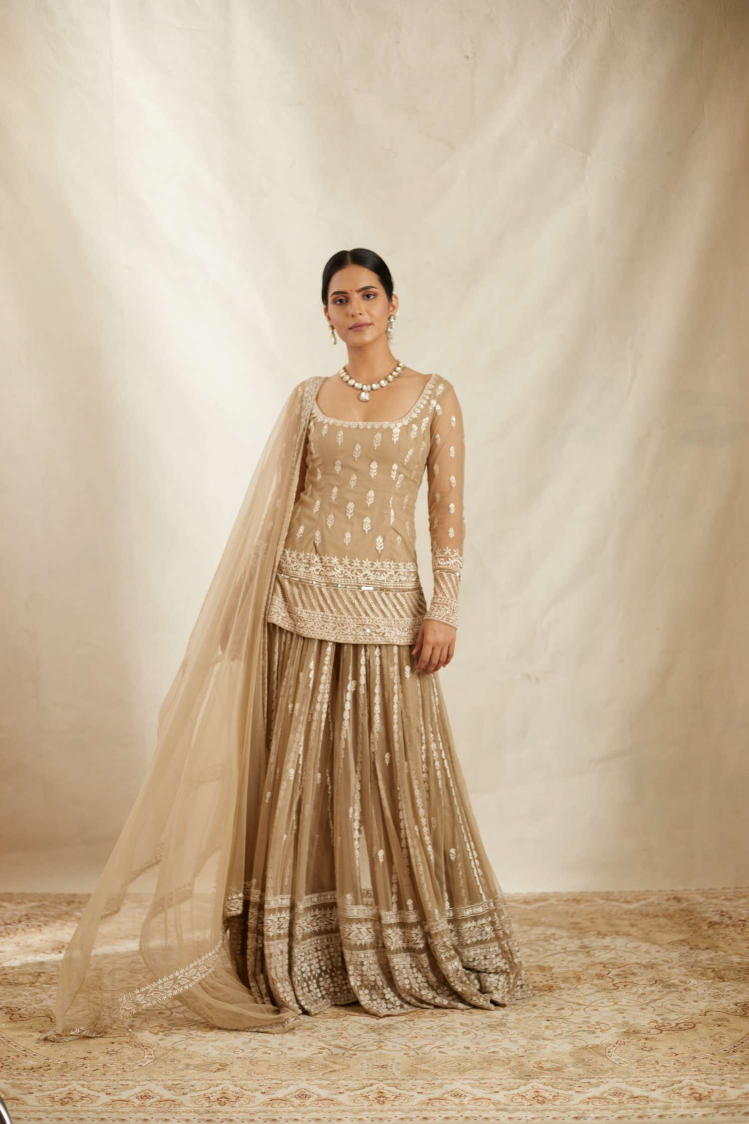 Beige Threadwork Kurti Sharara Set