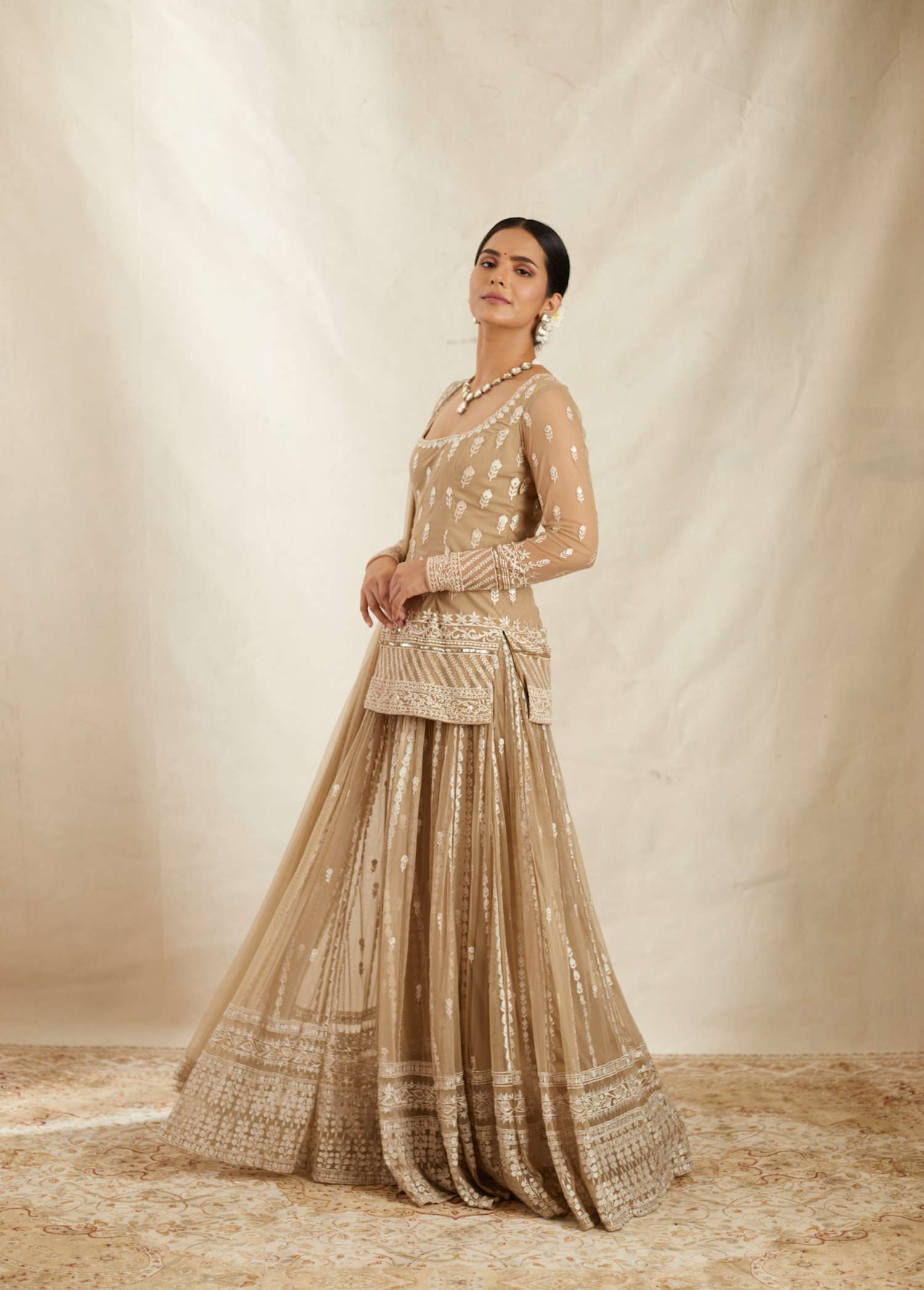 Beige Threadwork Kurti Sharara Set