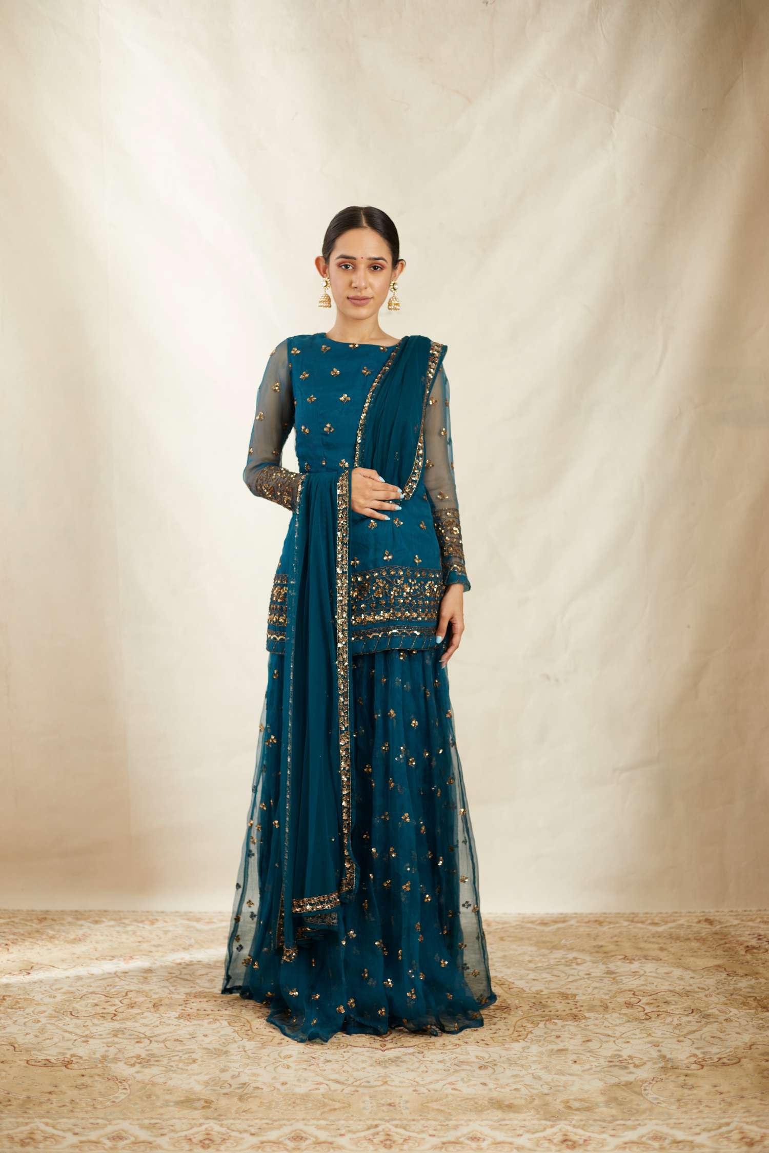 Teal Blue Organza Sequence Work Kurti Sharara Set