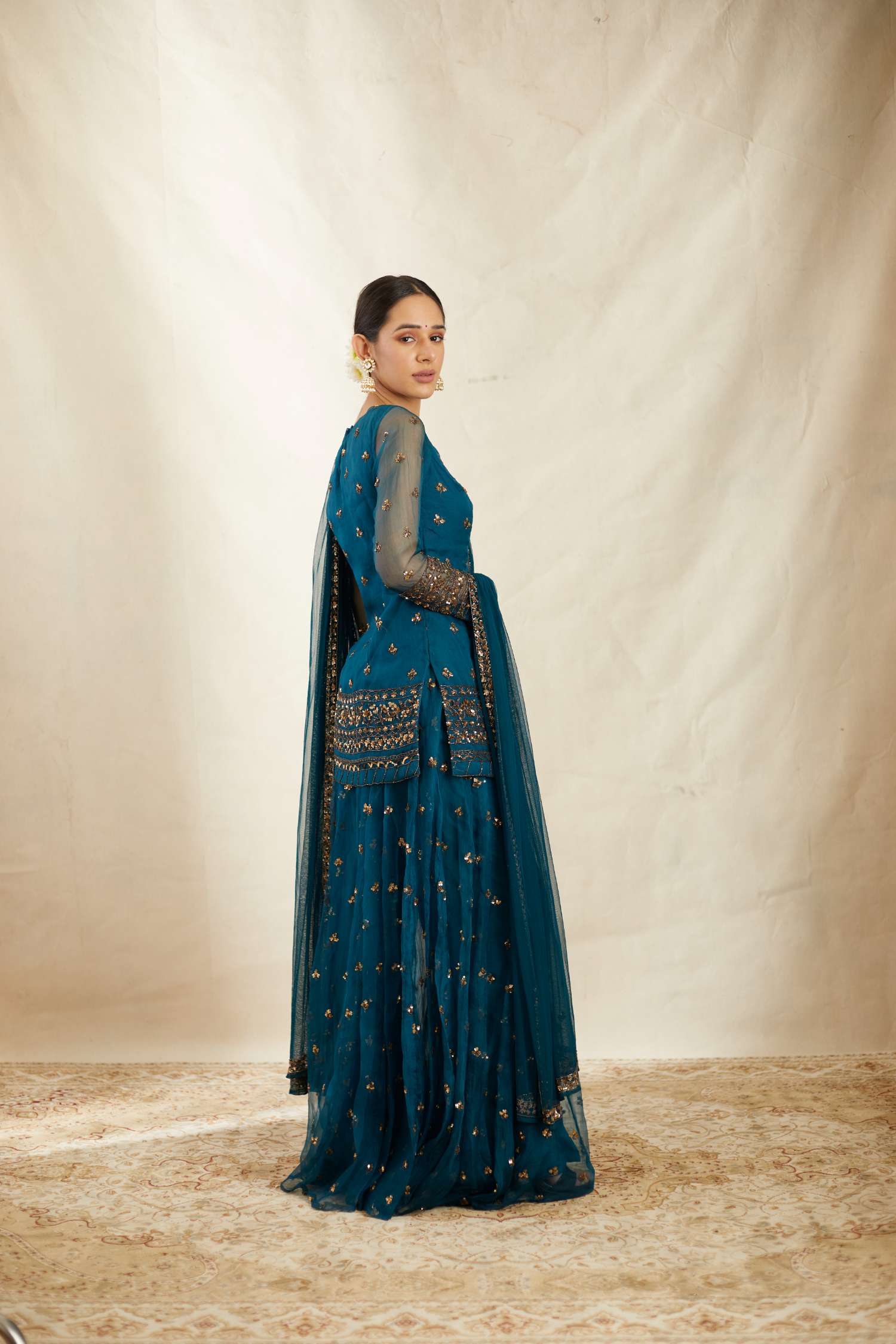 Teal Blue Organza Sequence Work Kurti Sharara Set