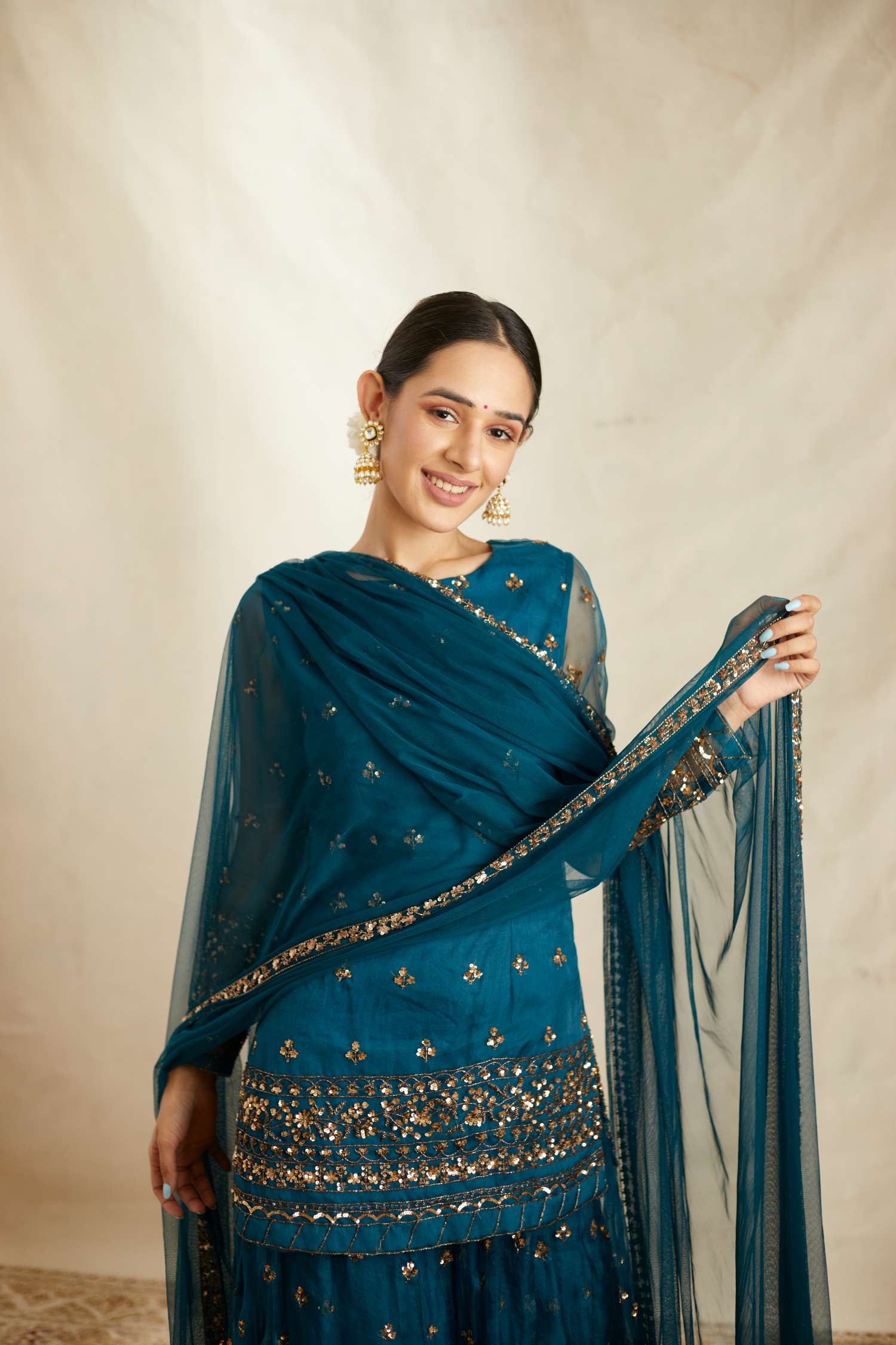 Teal Blue Organza Sequence Work Kurti Sharara Set