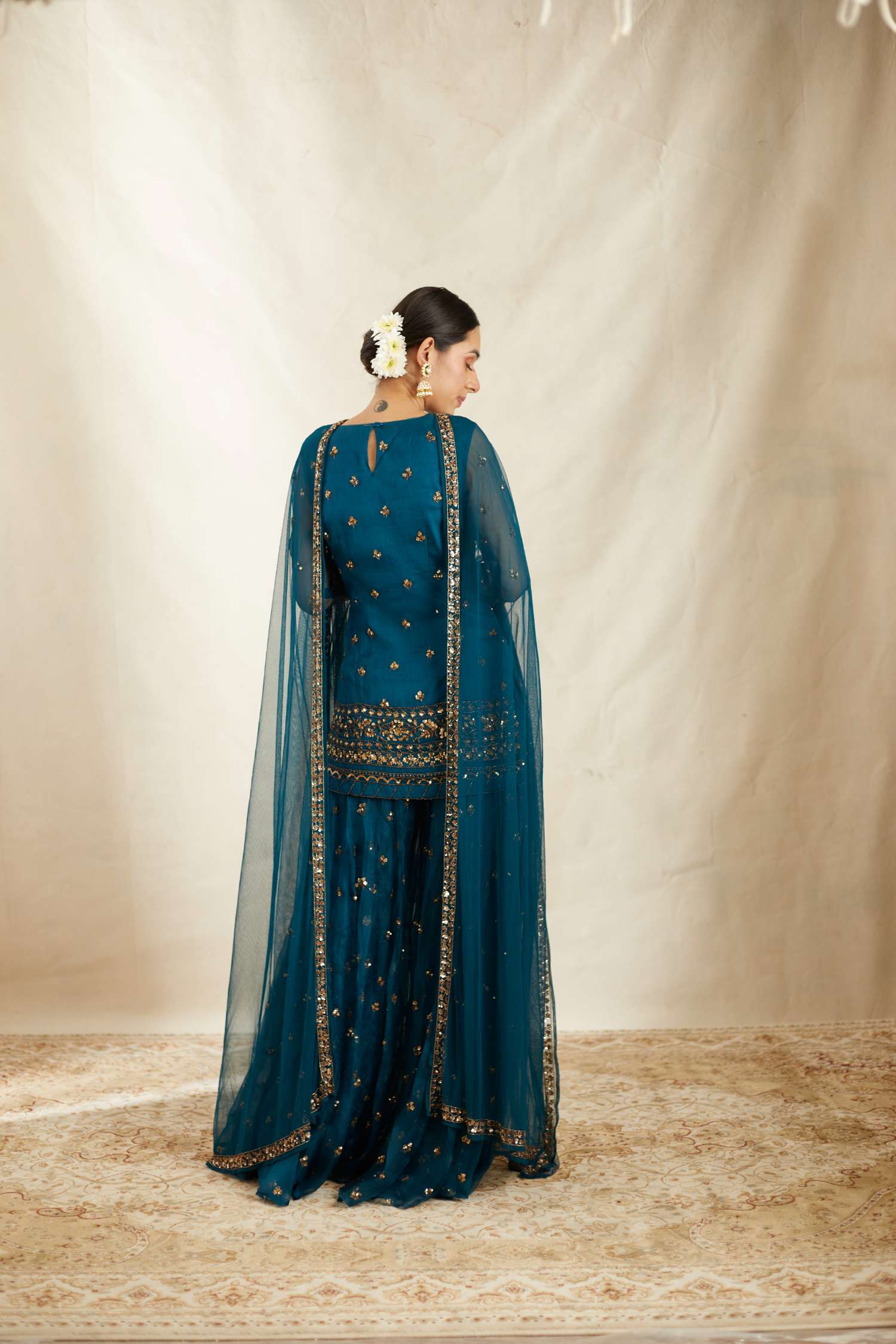 Teal Blue Organza Sequence Work Kurti Sharara Set