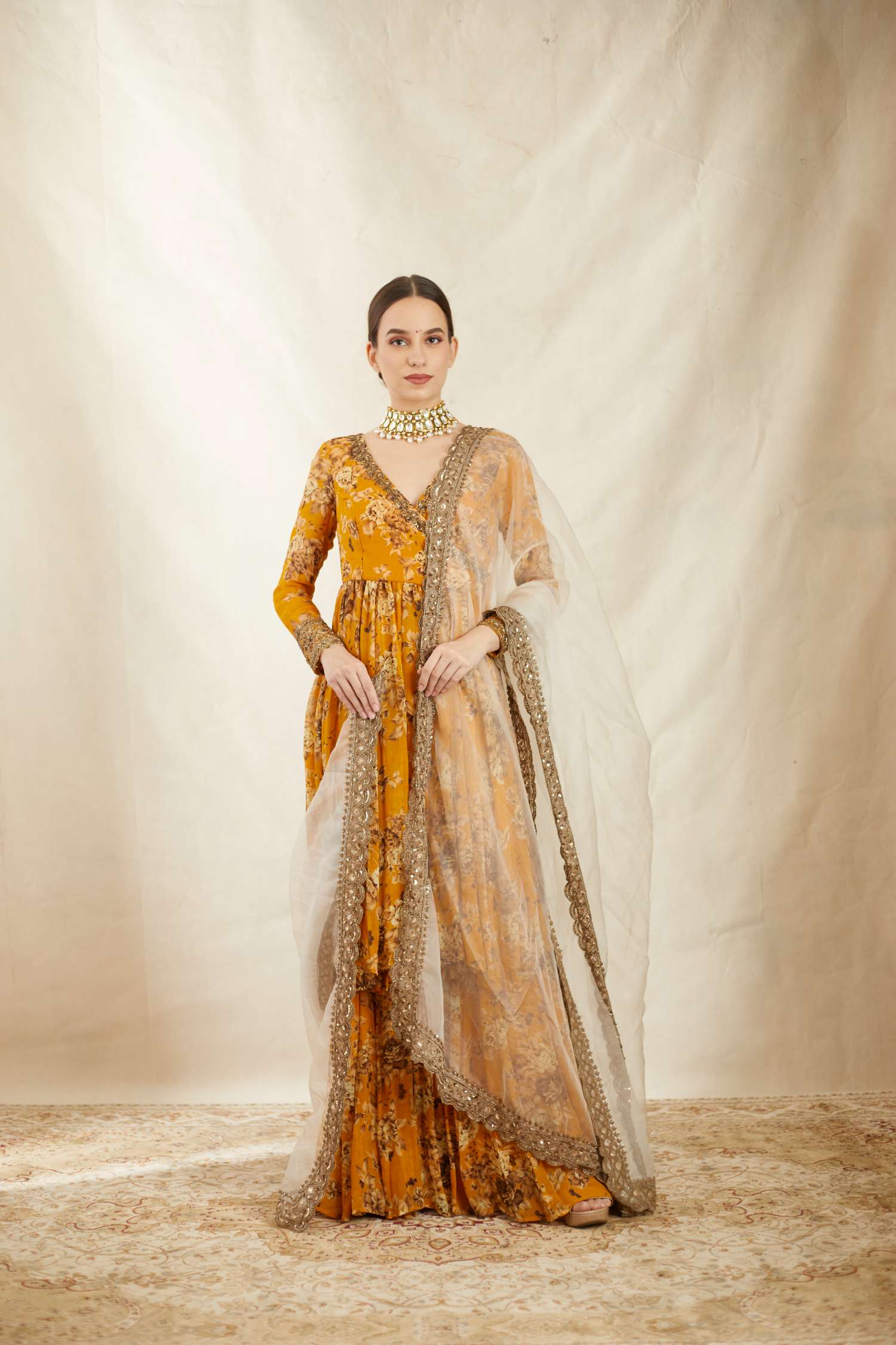 Mustard Georgette Floral Angrakha Set