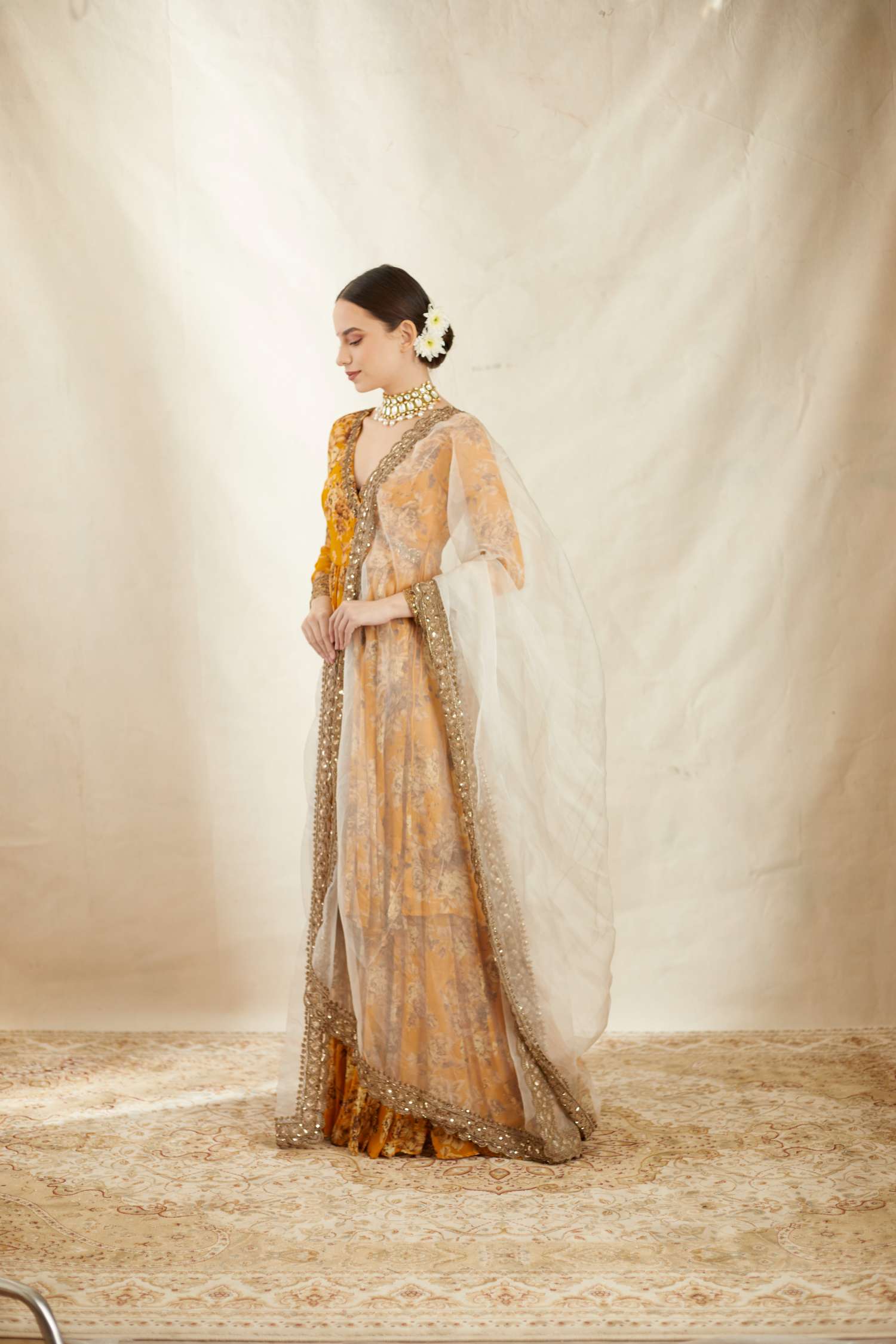 Mustard Georgette Floral Angrakha Set