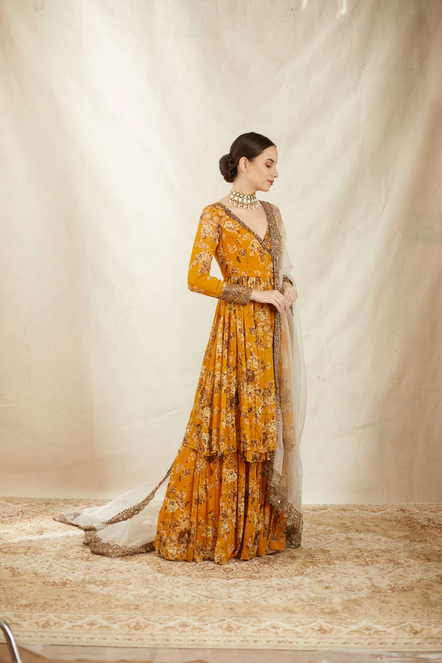 Mustard Georgette Floral Angrakha Set