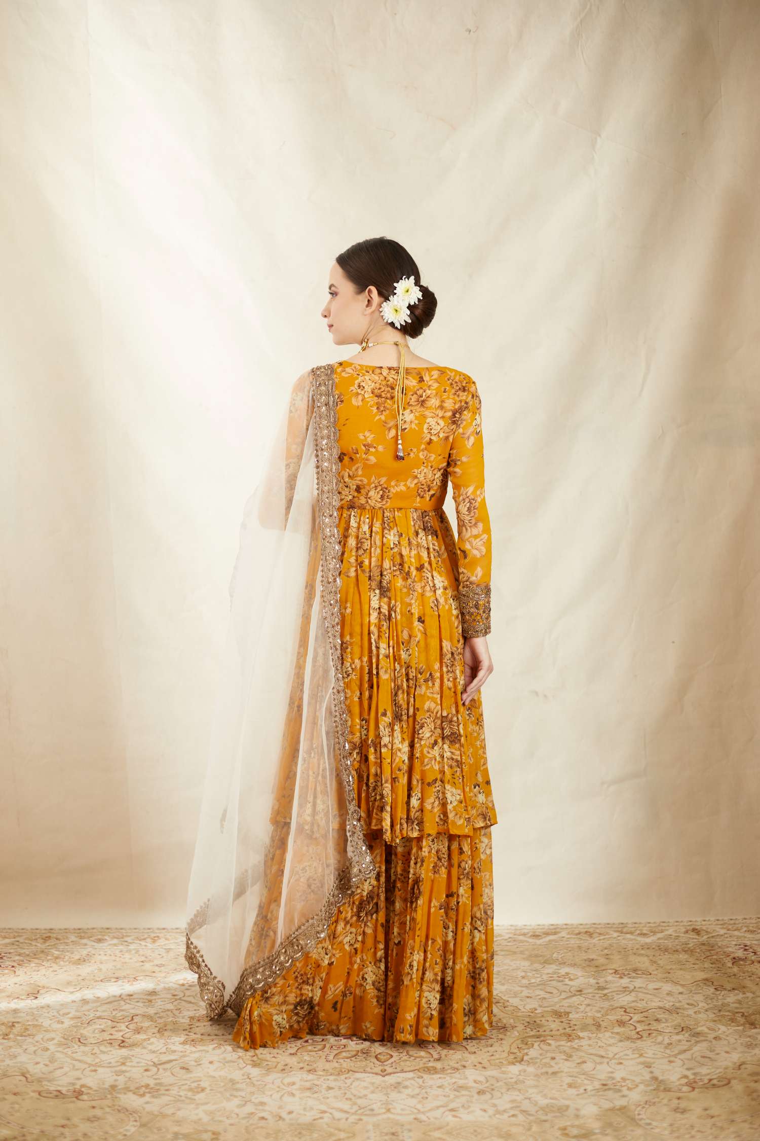 Mustard Georgette Floral Angrakha Set