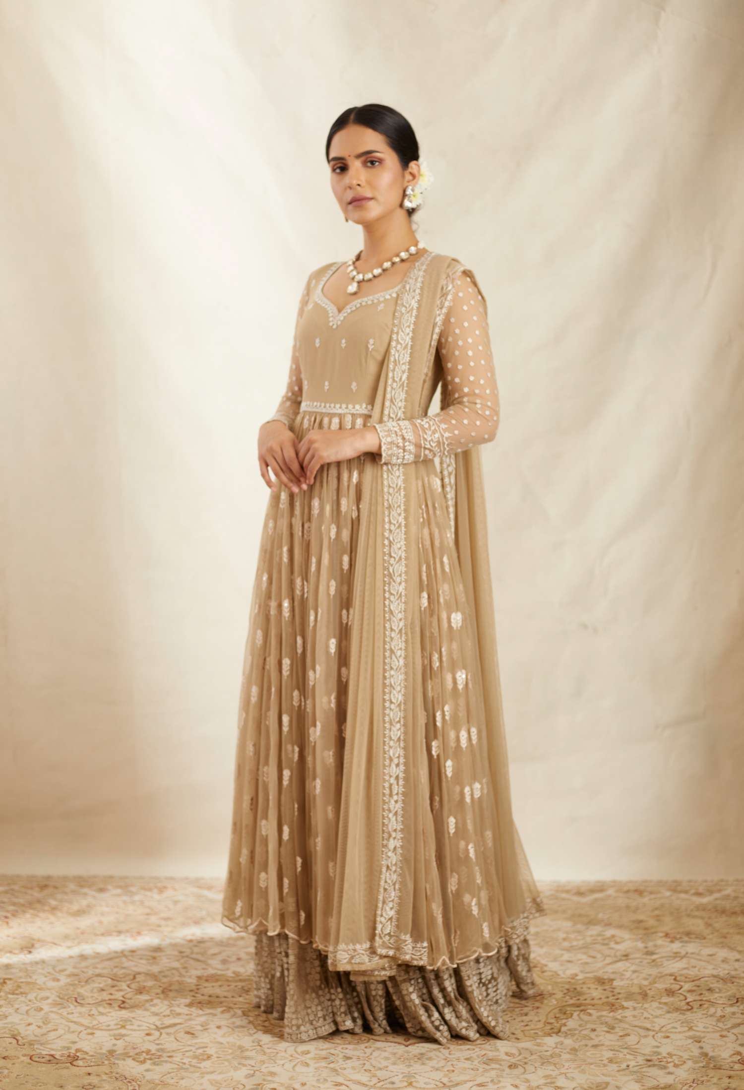 Beige Threadwork Long Kurti Sharara Set