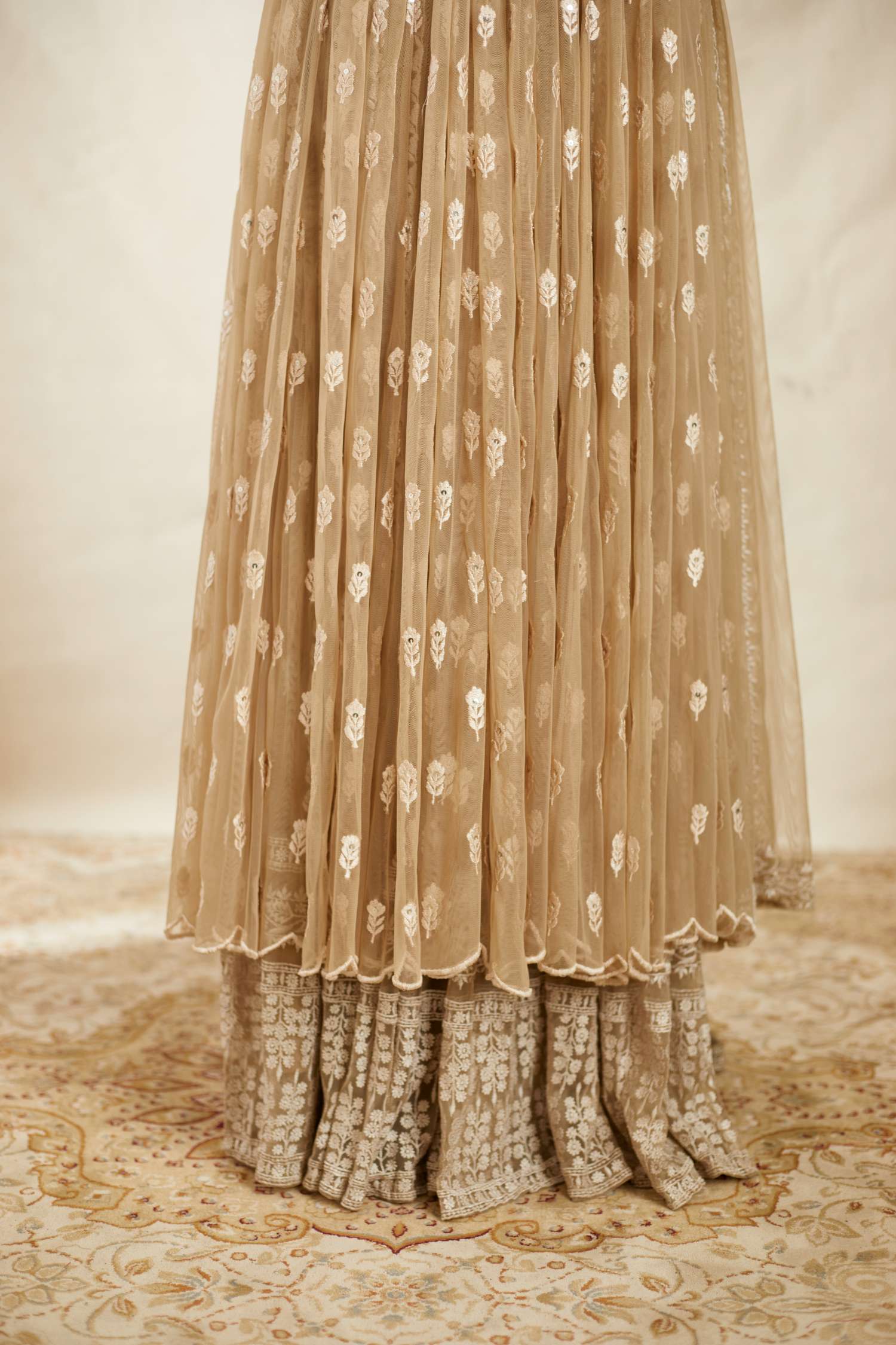 Beige Threadwork Long Kurti Sharara Set