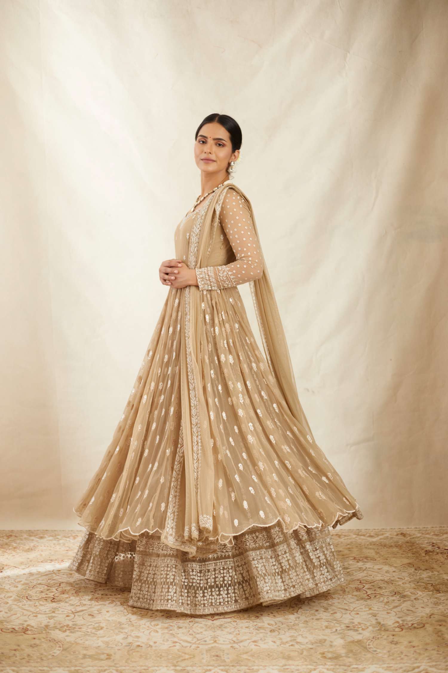 Beige Threadwork Long Kurti Sharara Set