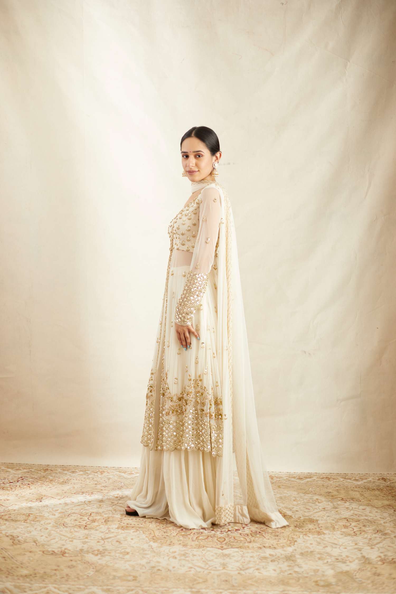 Off White Net Front Open Jacket With Sharara Set