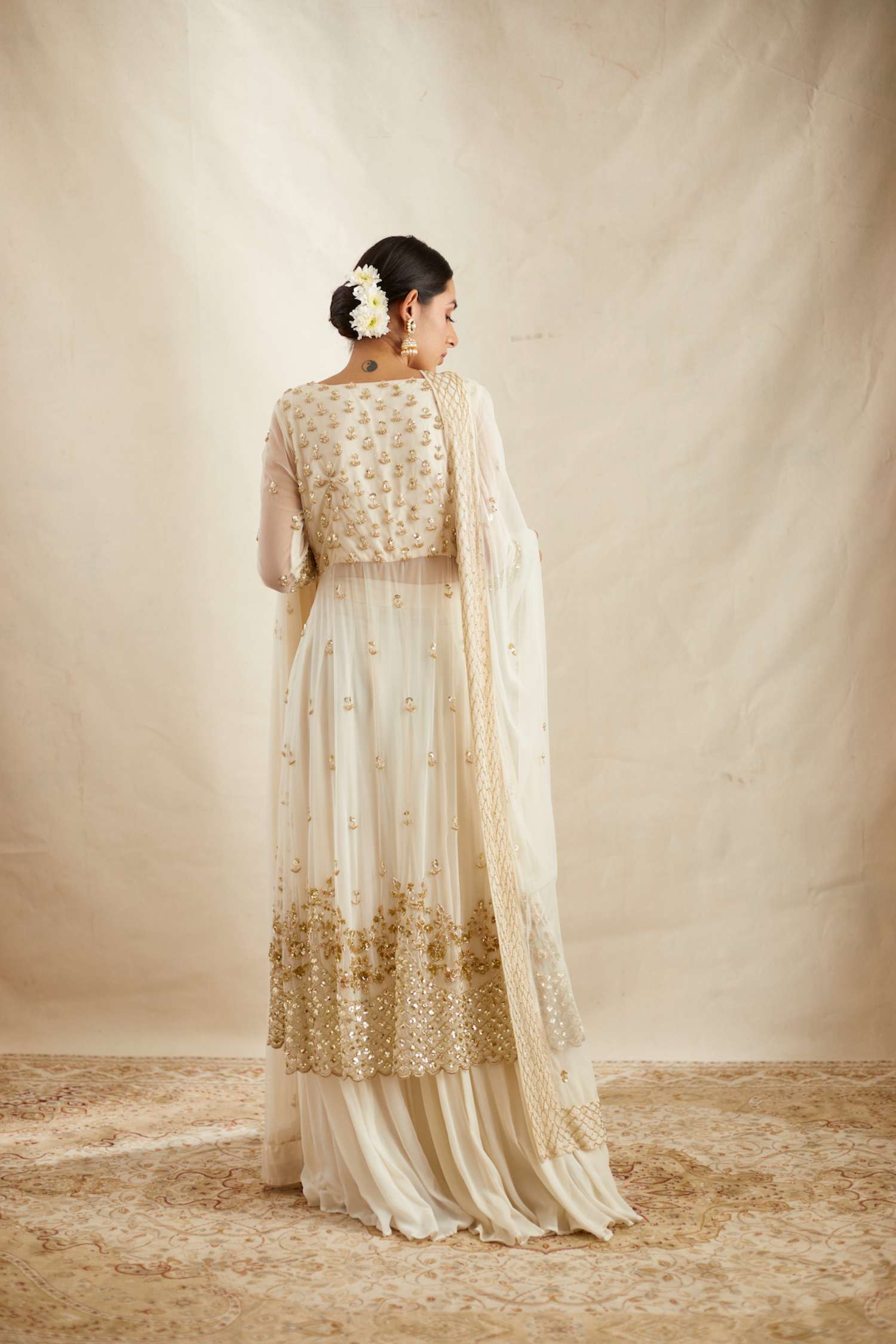 Off White Net Front Open Jacket With Sharara Set