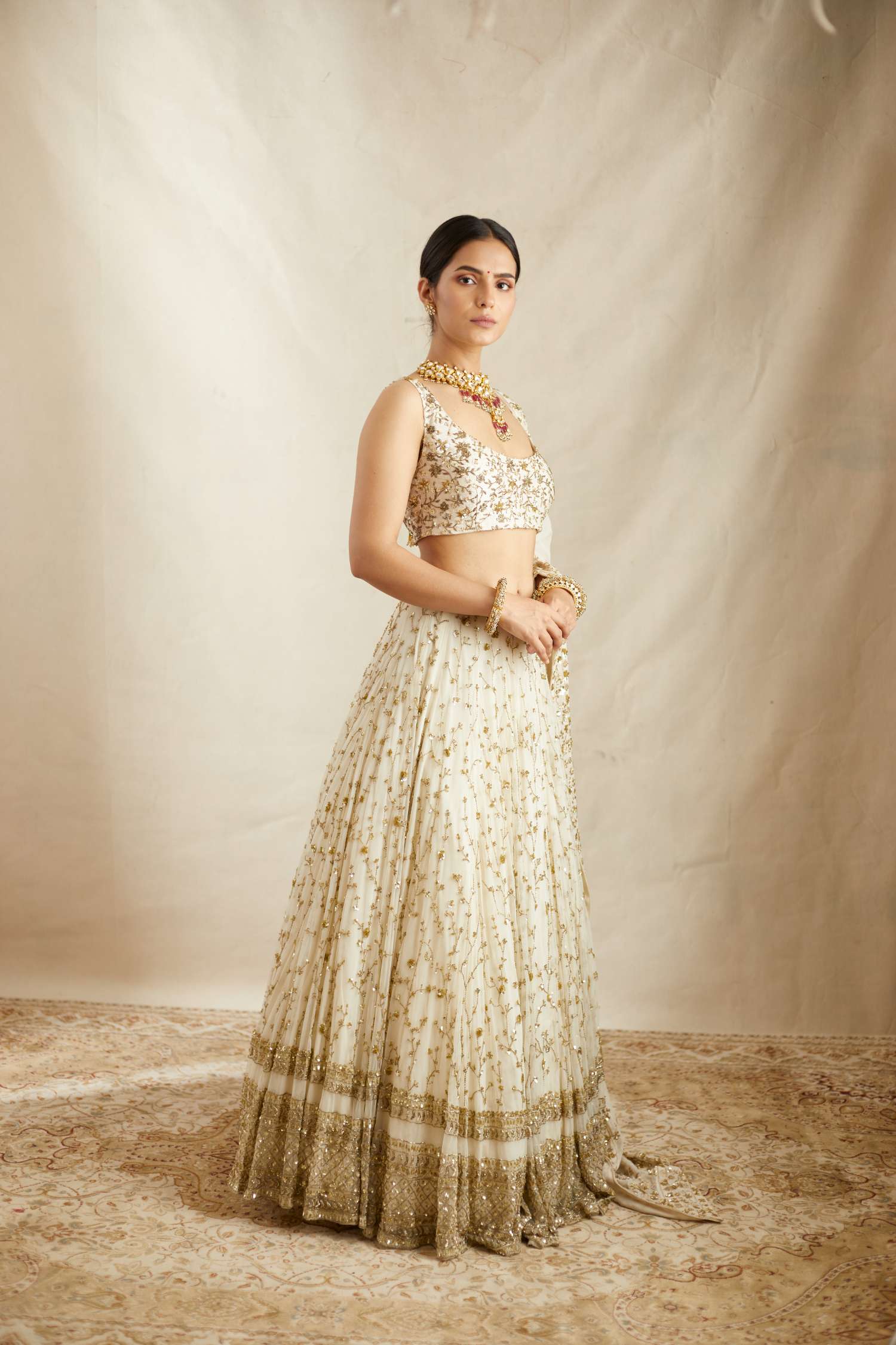 Off White Heavy Jaal Work Lehenga Set