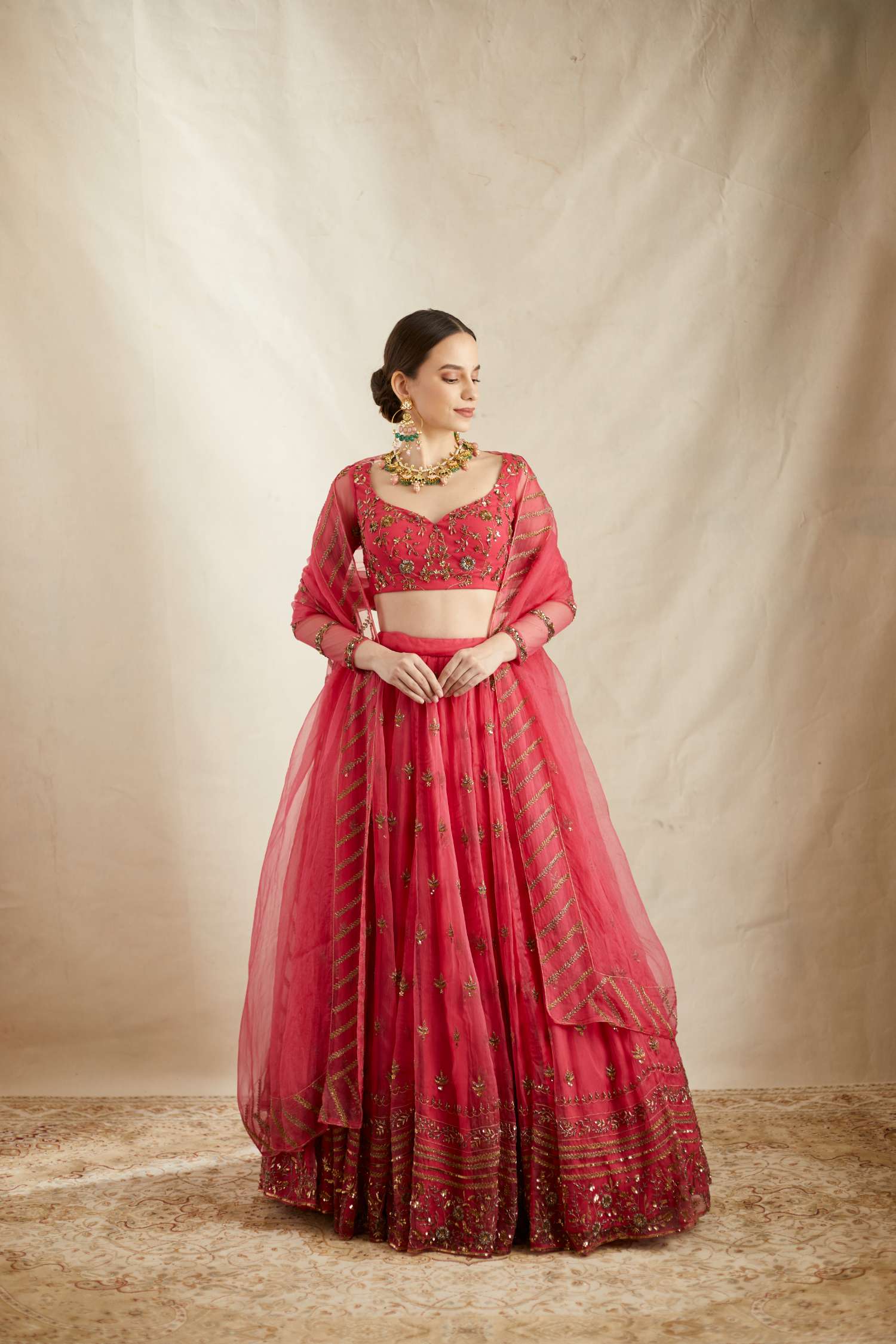 Carmine Pink Silk Organza Crepe Embroidered Lehenga