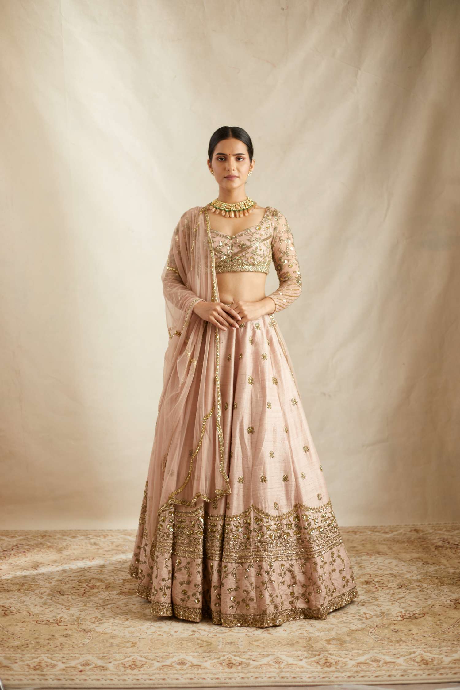 Peach Pink Embroidered Lehenga Set